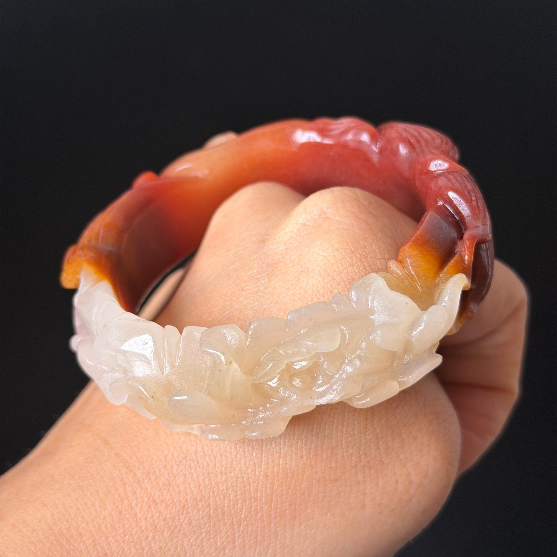 48-70mm! Custom Size Golden Silk Jade (Quartzose) Hand Carved Nine-tailed Fox & Peony Flower Bangle Natural Untreated White Red Jade Handcrafted Stone Bracelet make to order tailor made bracelet fox carving fox lover gift red jade white jade chinese jade multicolor jade antique jade bracelet vintage jade bangle 3D stone carving animals carving hand engraved gemstone bangle for women customized bracelet handmade bangle nine tail fox carving gift for her peony carving flower carving