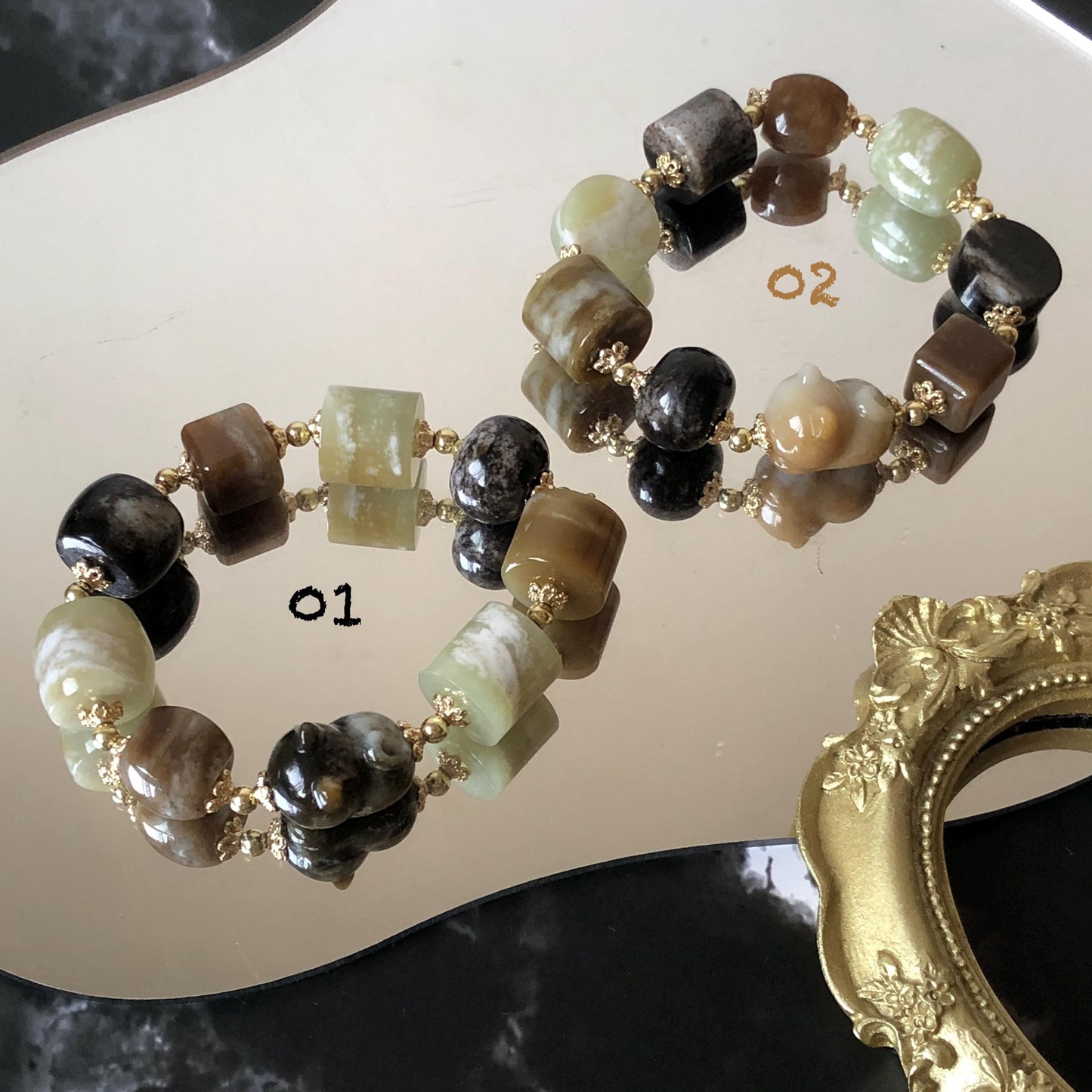 Nephrite Jade Hand Carved Cat Kitten Charm Bracelet | Milk Tea & Cookies Collection | Untreated Natural White Jade Brown Jade Elastic Big Bead Bracelet Chinese Jade Vintage Bracelet Antique Bracelet Gift for her Flexible Bracelet with honey brown jade deep brown jade white jade 14k gold plated accessory nephrite beads bold bracelet irregular beads bracelet tailor made bracelet customized bracelet diy bracelet hand engraved cat carving handcrafted kitten carving cat lover gift