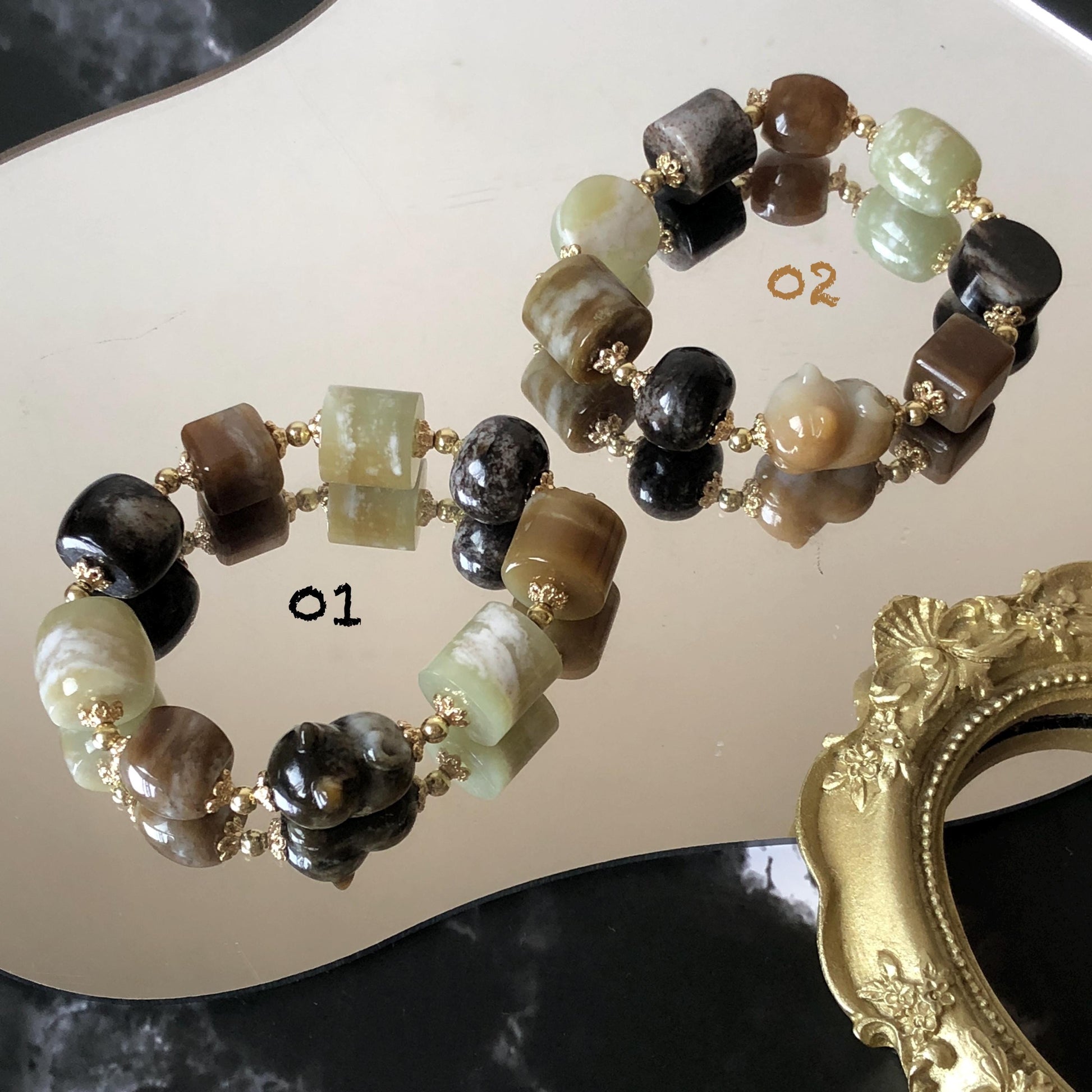 Nephrite Jade Hand Carved Cat Kitten Charm Bracelet | Milk Tea & Cookies Collection | Untreated Natural White Jade Brown Jade Elastic Big Bead Bracelet Chinese Jade Vintage Bracelet Antique Bracelet Gift for her Flexible Bracelet with honey brown jade deep brown jade white jade 14k gold plated accessory nephrite beads bold bracelet irregular beads bracelet tailor made bracelet customized bracelet diy bracelet hand engraved cat carving handcrafted kitten carving cat lover gift