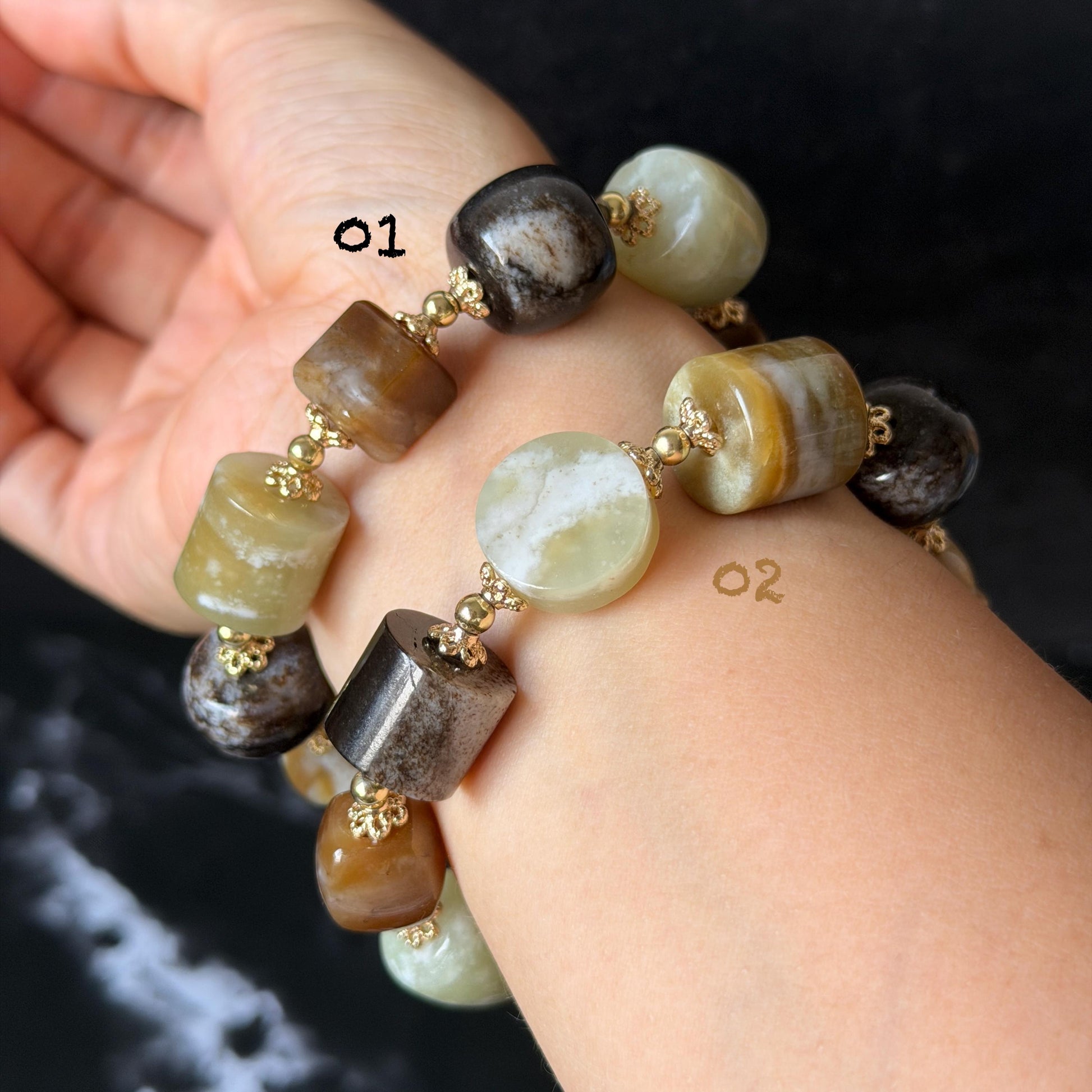Nephrite Jade Hand Carved Cat Kitten Charm Bracelet | Milk Tea & Cookies Collection | Untreated Natural White Jade Brown Jade Elastic Big Bead Bracelet Chinese Jade Vintage Bracelet Antique Bracelet Gift for her Flexible Bracelet with honey brown jade deep brown jade white jade 14k gold plated accessory nephrite beads bold bracelet irregular beads bracelet tailor made bracelet customized bracelet diy bracelet hand engraved cat carving handcrafted kitten carving cat lover gift
