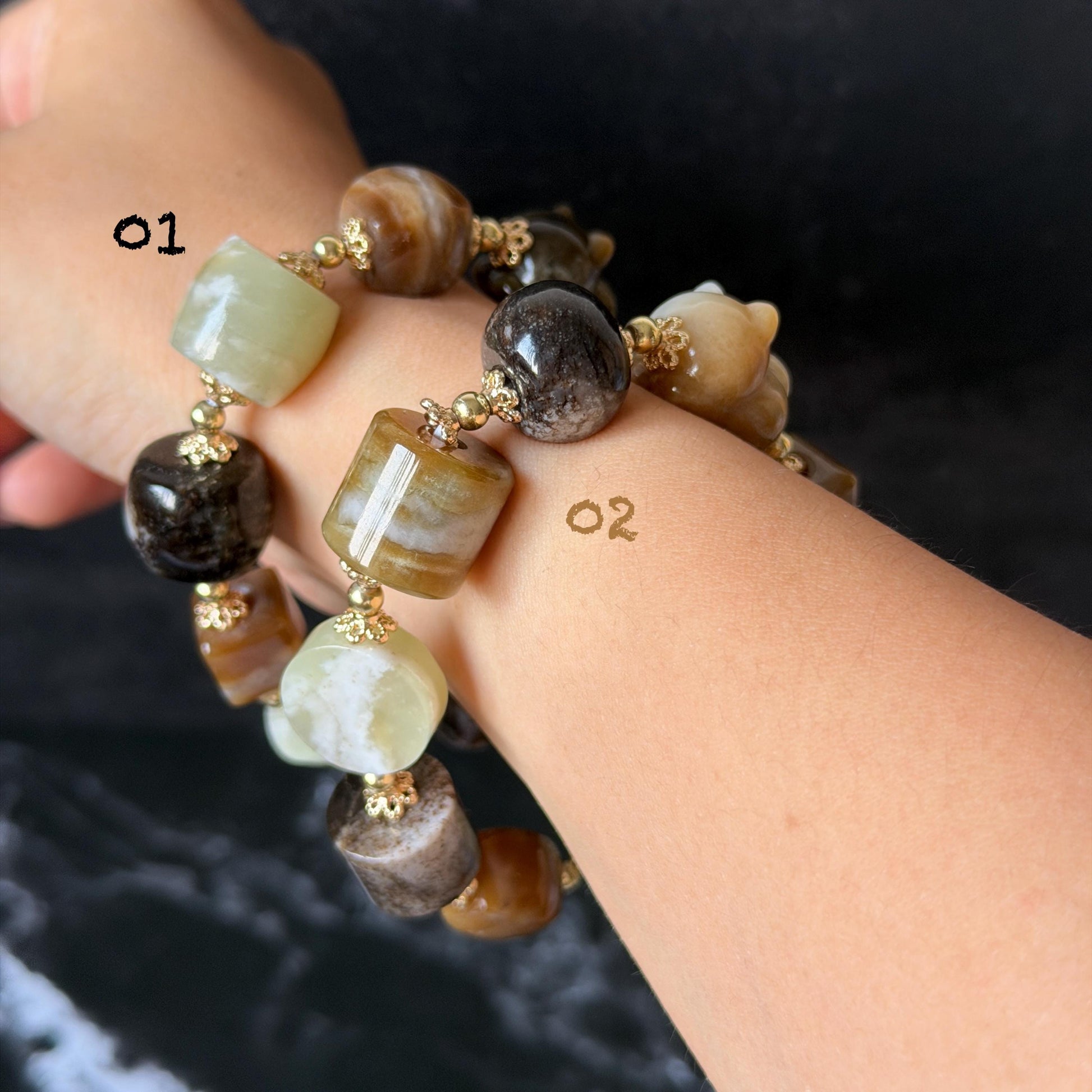 Nephrite Jade Hand Carved Cat Kitten Charm Bracelet | Milk Tea & Cookies Collection | Untreated Natural White Jade Brown Jade Elastic Big Bead Bracelet Chinese Jade Vintage Bracelet Antique Bracelet Gift for her Flexible Bracelet with honey brown jade deep brown jade white jade 14k gold plated accessory nephrite beads bold bracelet irregular beads bracelet tailor made bracelet customized bracelet diy bracelet hand engraved cat carving handcrafted kitten carving cat lover gift