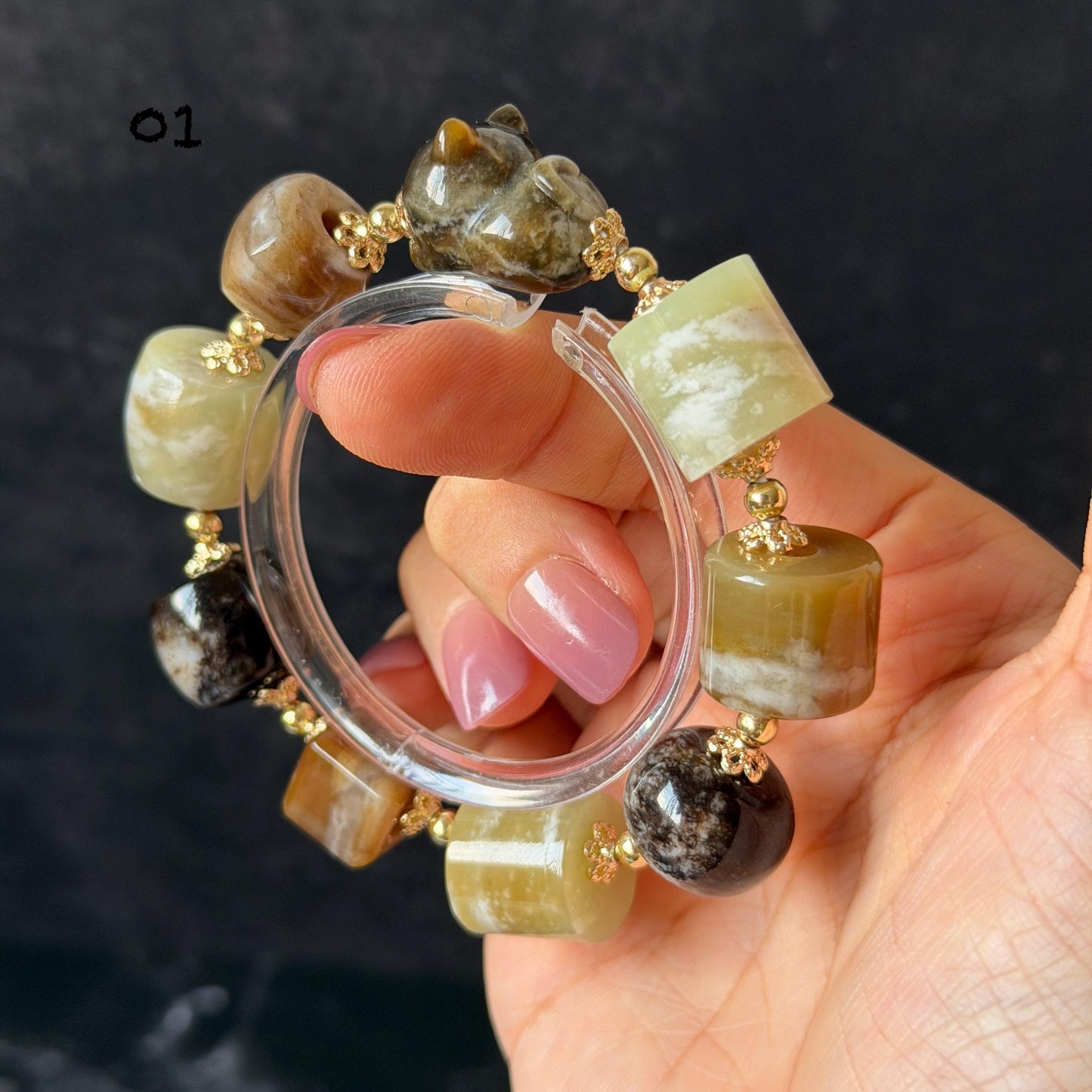 Nephrite Jade Hand Carved Cat Kitten Charm Bracelet | Milk Tea & Cookies Collection | Untreated Natural White Jade Brown Jade Elastic Big Bead Bracelet Chinese Jade Vintage Bracelet Antique Bracelet Gift for her Flexible Bracelet with honey brown jade deep brown jade white jade 14k gold plated accessory nephrite beads bold bracelet irregular beads bracelet tailor made bracelet customized bracelet diy bracelet hand engraved cat carving handcrafted kitten carving cat lover gift
