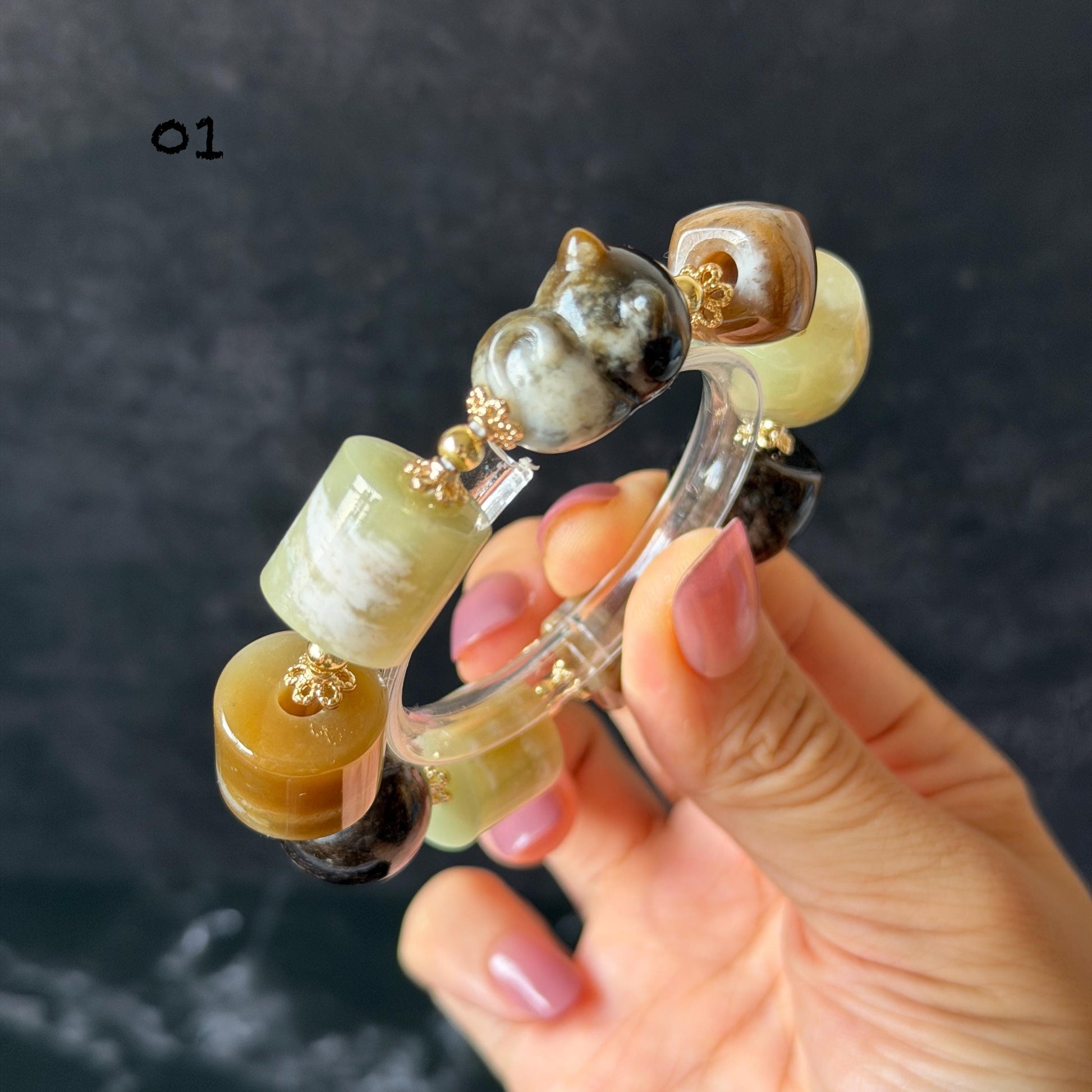 Nephrite Jade Hand Carved Cat Kitten Charm Bracelet | Milk Tea & Cookies Collection | Untreated Natural White Jade Brown Jade Elastic Big Bead Bracelet Chinese Jade Vintage Bracelet Antique Bracelet Gift for her Flexible Bracelet with honey brown jade deep brown jade white jade 14k gold plated accessory nephrite beads bold bracelet irregular beads bracelet tailor made bracelet customized bracelet diy bracelet hand engraved cat carving handcrafted kitten carving cat lover gift