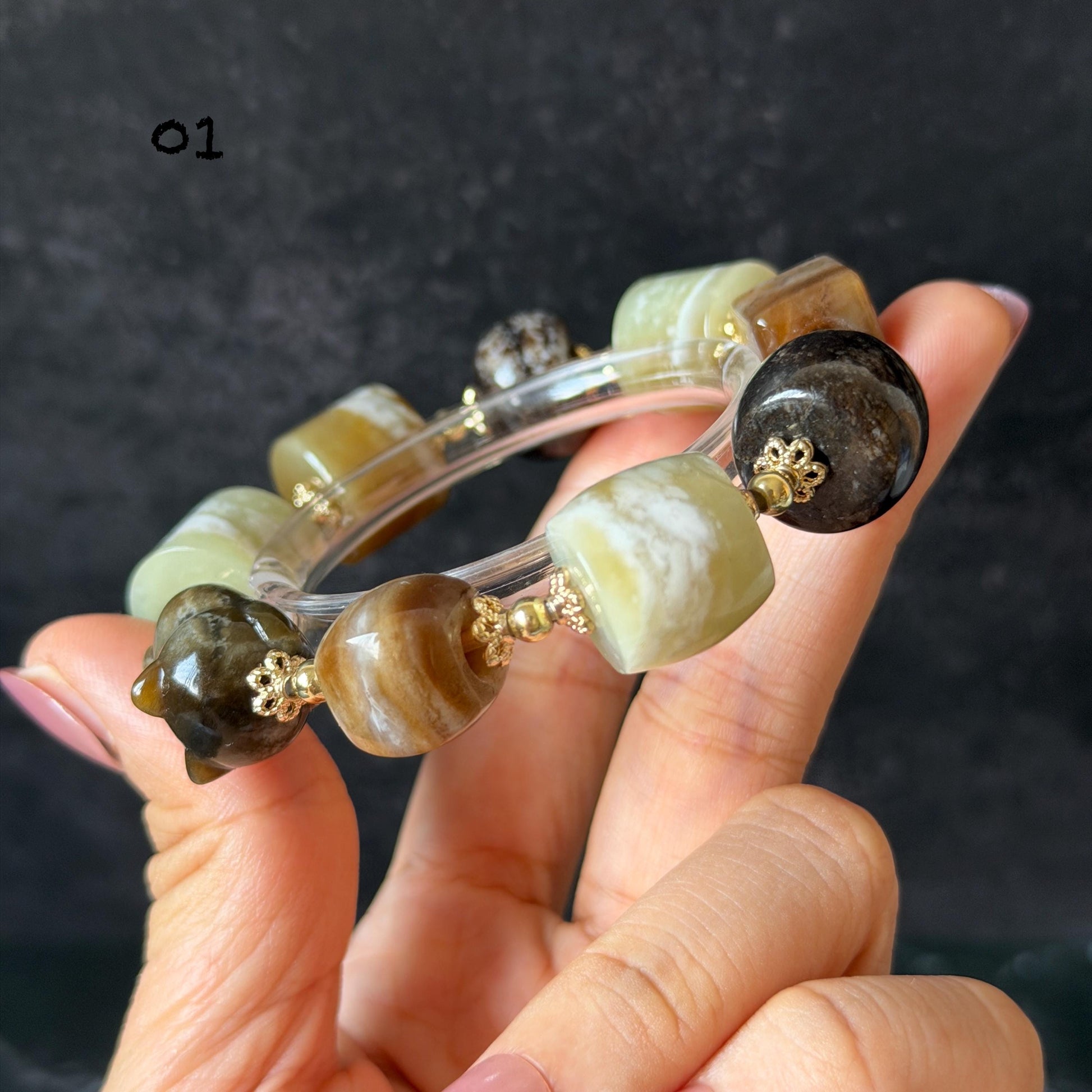 Nephrite Jade Hand Carved Cat Kitten Charm Bracelet | Milk Tea & Cookies Collection | Untreated Natural White Jade Brown Jade Elastic Big Bead Bracelet Chinese Jade Vintage Bracelet Antique Bracelet Gift for her Flexible Bracelet with honey brown jade deep brown jade white jade 14k gold plated accessory nephrite beads bold bracelet irregular beads bracelet tailor made bracelet customized bracelet diy bracelet hand engraved cat carving handcrafted kitten carving cat lover gift