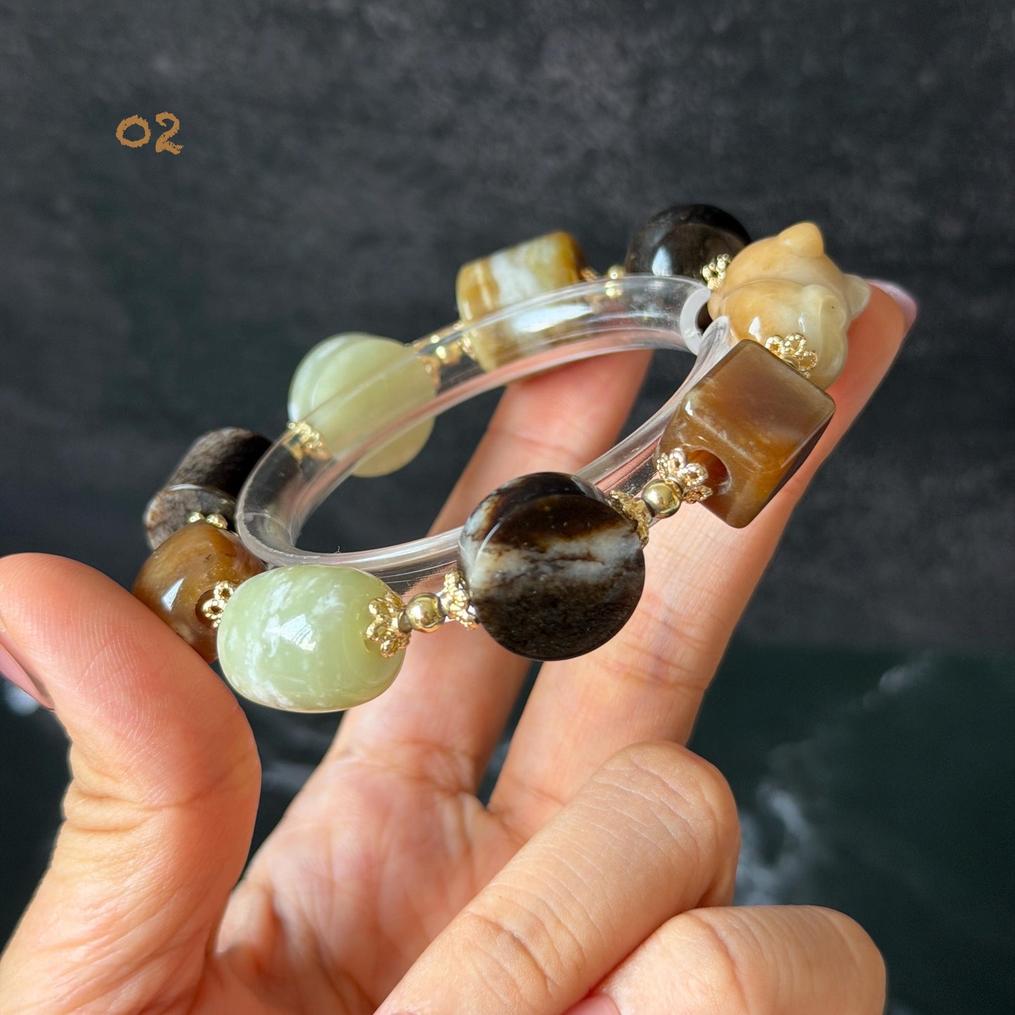 Nephrite Jade Hand Carved Cat Kitten Charm Bracelet | Milk Tea & Cookies Collection | Untreated Natural White Jade Brown Jade Elastic Big Bead Bracelet Chinese Jade Vintage Bracelet Antique Bracelet Gift for her Flexible Bracelet with honey brown jade deep brown jade white jade 14k gold plated accessory nephrite beads bold bracelet irregular beads bracelet tailor made bracelet customized bracelet diy bracelet hand engraved cat carving handcrafted kitten carving cat lover gift