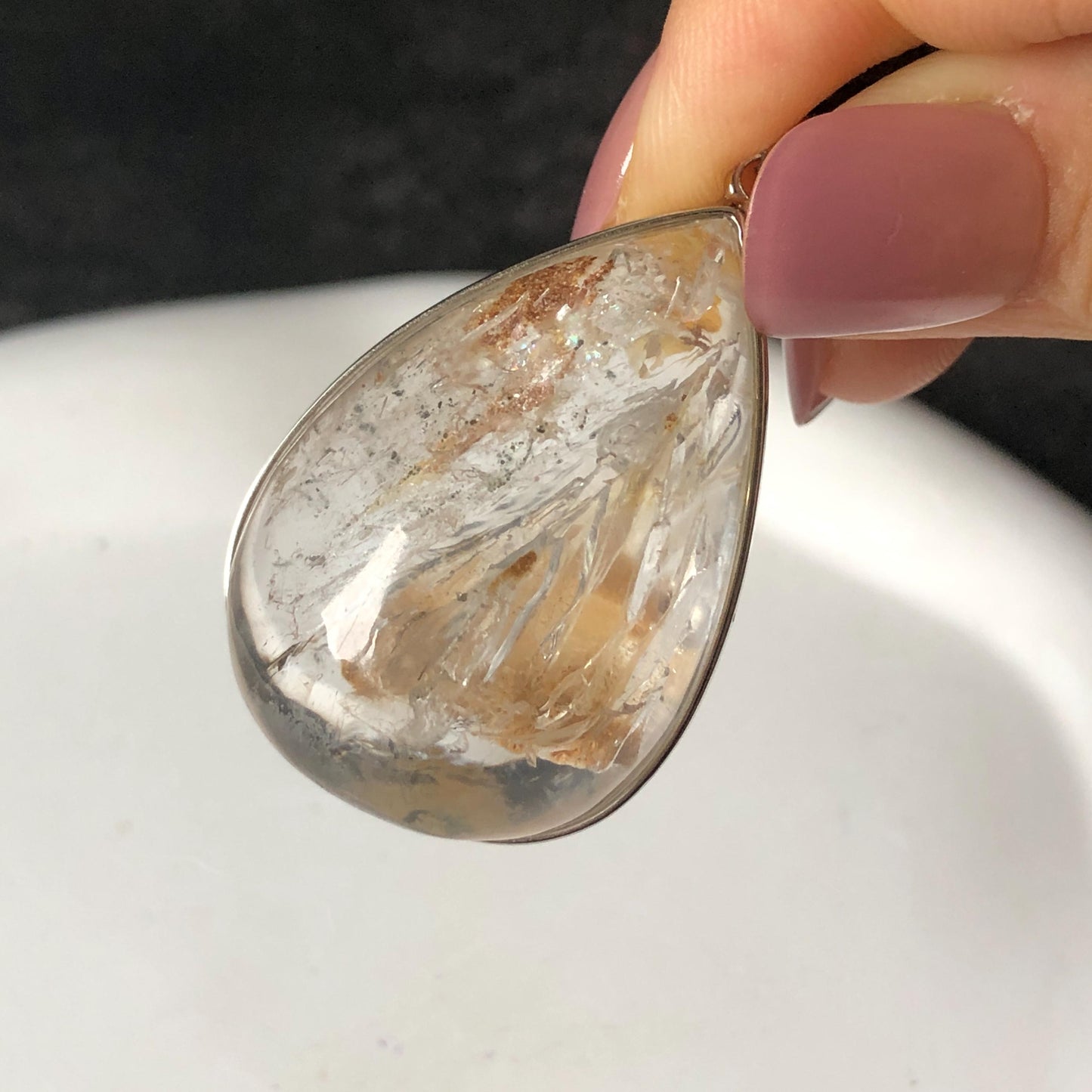 Ultra Rare! Polished Enhydro Quartz Shimmering Golden Yellow Sand Waterfall & Big Shifting Bubble with white Jellyfish S925 Silver Teardrop Pendant Adjustable Necklace | Natural Gemstone Birthstone Gift for her enhydro quartz sand water-fall pendant necklace choker gemstone charm stone pendant choker polished stone pendant crystal charm birthstone men necklace chakra crystal minerals specimen silver wire wrapped pendant inclusion crystal inclusion crystal yellow sand inclusion rainbow quartz