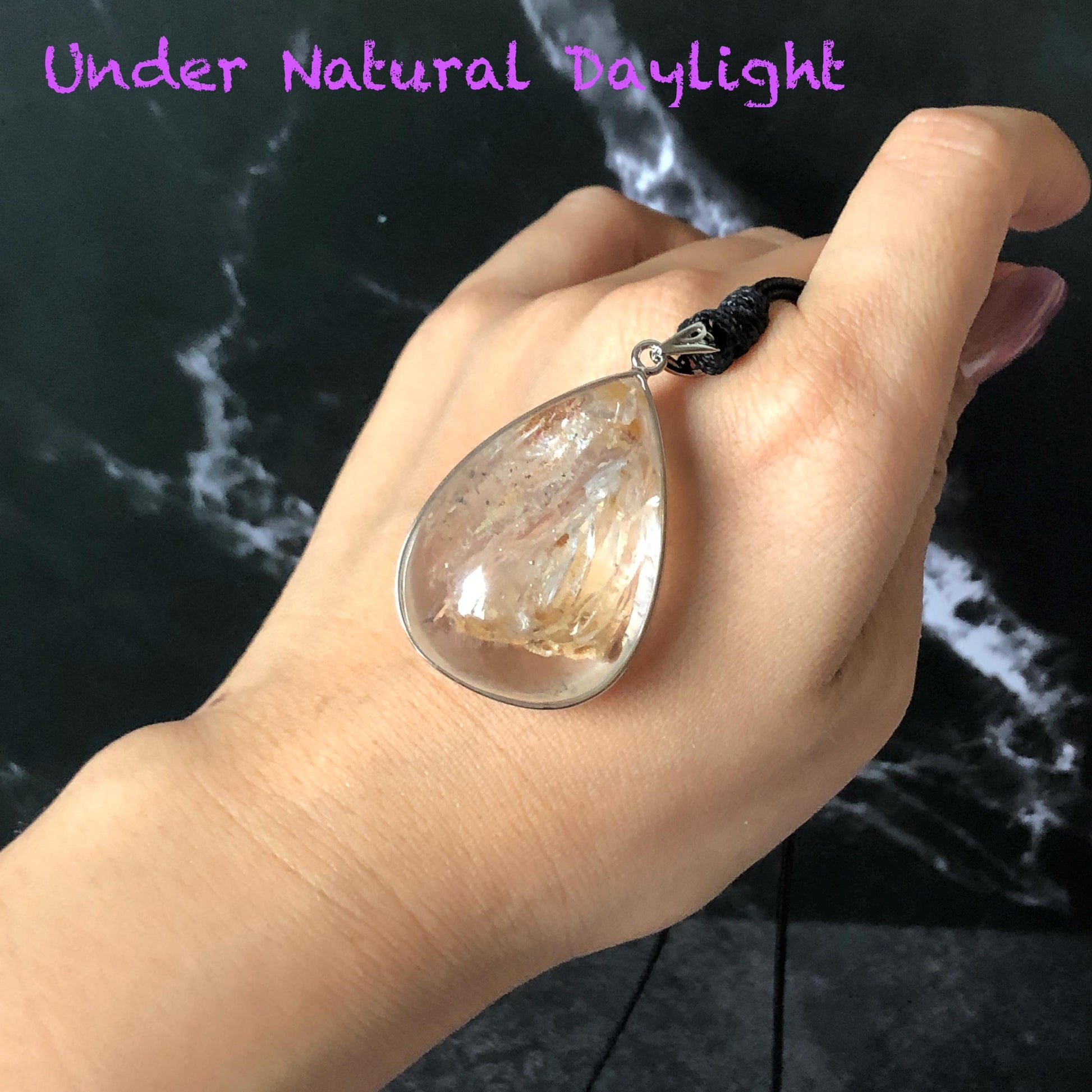 Ultra Rare! Polished Enhydro Quartz Shimmering Golden Yellow Sand Waterfall & Big Shifting Bubble with white Jellyfish S925 Silver Teardrop Pendant Adjustable Necklace | Natural Gemstone Birthstone Gift for her enhydro quartz sand water-fall pendant necklace choker gemstone charm stone pendant choker polished stone pendant crystal charm birthstone men necklace chakra crystal minerals specimen silver wire wrapped pendant inclusion crystal inclusion crystal yellow sand inclusion rainbow quartz