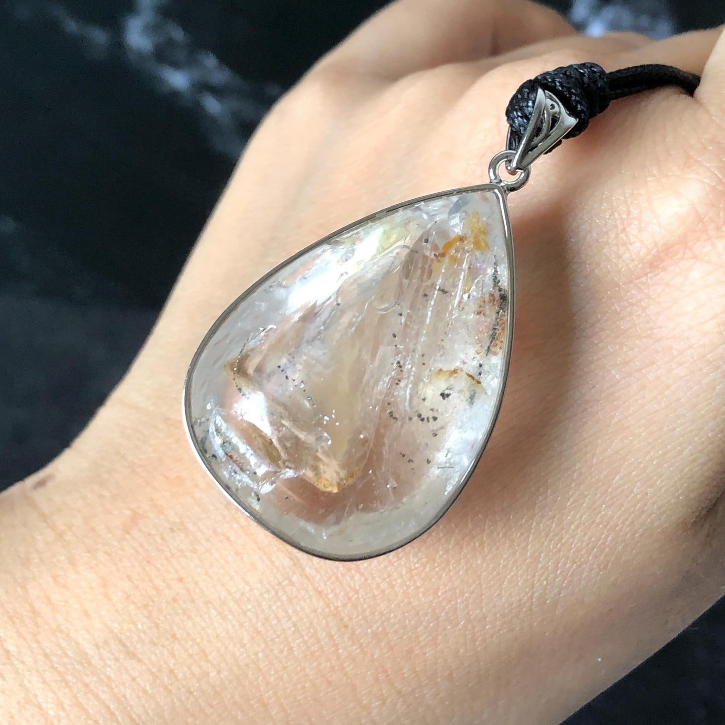 Ultra Rare! Polished Enhydro Quartz Shimmering Golden Yellow Sand Waterfall & Big Shifting Bubble with white Jellyfish S925 Silver Teardrop Pendant Adjustable Necklace | Natural Gemstone Birthstone Gift for her enhydro quartz sand water-fall pendant necklace choker gemstone charm stone pendant choker polished stone pendant crystal charm birthstone men necklace chakra crystal minerals specimen silver wire wrapped pendant inclusion crystal inclusion crystal yellow sand inclusion rainbow quartz