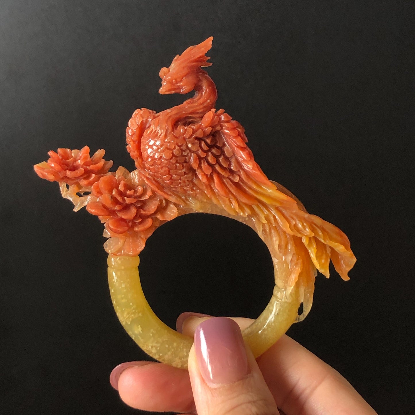 Certified Natural Xiu Jade (Serpentine) Hand Carved Red Fire Phoenix & Peony Hair Pin | Yellow Red Jade Hair Stick | Asian Chinese Vintage Style gift for her hand carved phoenix carving hand engraved phoenix hair stick phoenix carving red phoenix fire phoenix hair fork red jade yellow jade chinese jade with certificate rebirth transformation gift korean hair pin japanese hair stick hair fork hair comb hanfu hair stick peony carving