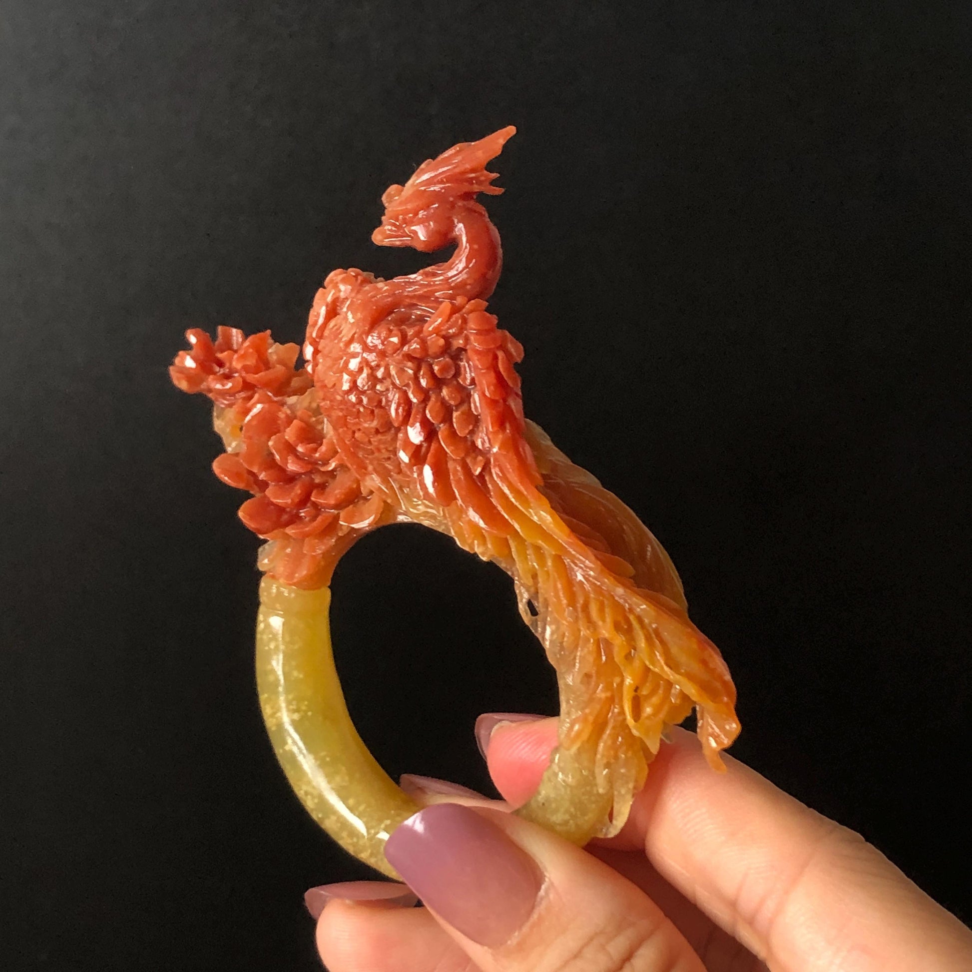 Certified Natural Xiu Jade (Serpentine) Hand Carved Red Fire Phoenix & Peony Hair Pin | Yellow Red Jade Hair Stick | Asian Chinese Vintage Style gift for her hand carved phoenix carving hand engraved phoenix hair stick phoenix carving red phoenix fire phoenix hair fork red jade yellow jade chinese jade with certificate rebirth transformation gift korean hair pin japanese hair stick hair fork hair comb hanfu hair stick peony carving