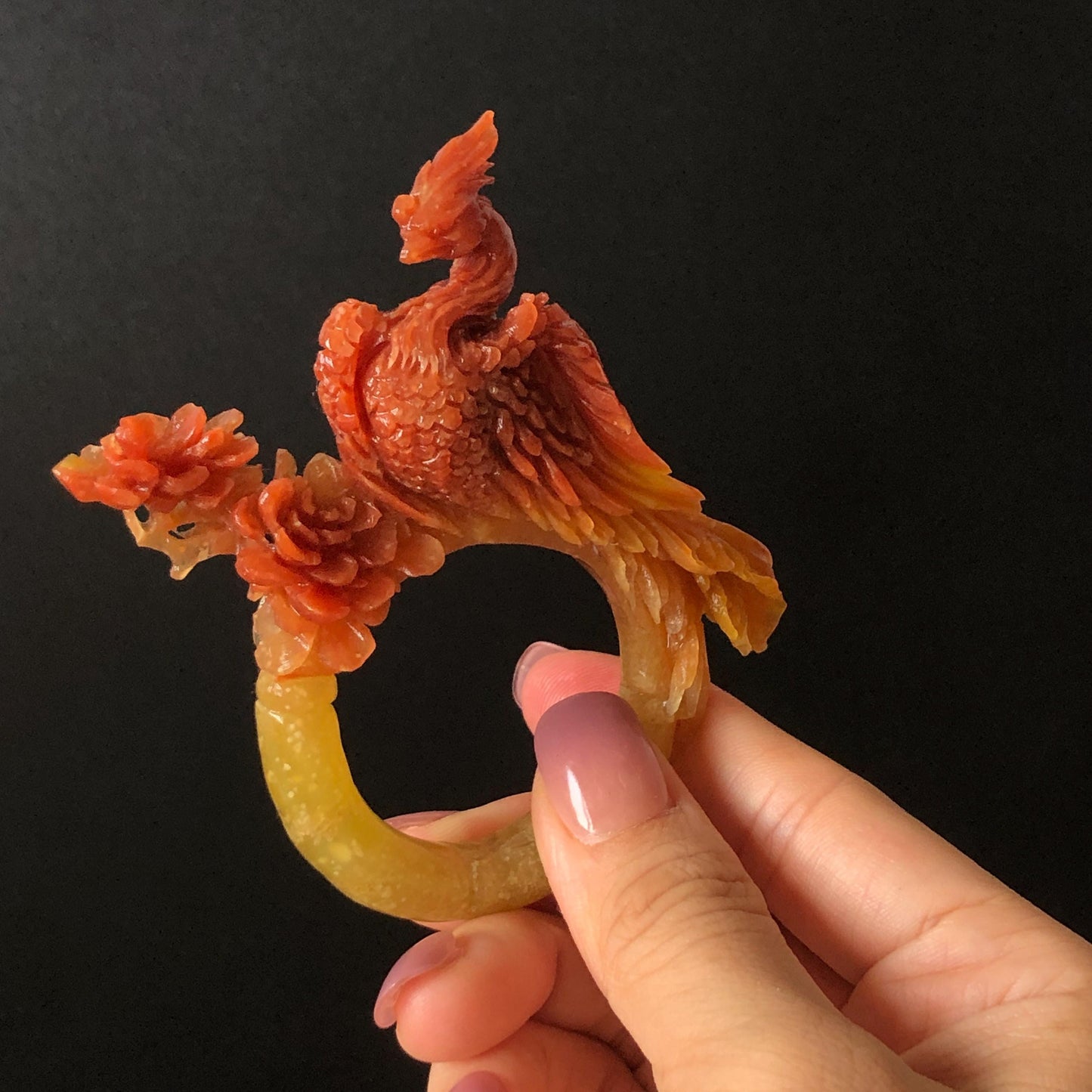 Certified Natural Xiu Jade (Serpentine) Hand Carved Red Fire Phoenix & Peony Hair Pin | Yellow Red Jade Hair Stick | Asian Chinese Vintage Style gift for her hand carved phoenix carving hand engraved phoenix hair stick phoenix carving red phoenix fire phoenix hair fork red jade yellow jade chinese jade with certificate rebirth transformation gift korean hair pin japanese hair stick hair fork hair comb hanfu hair stick peony carving