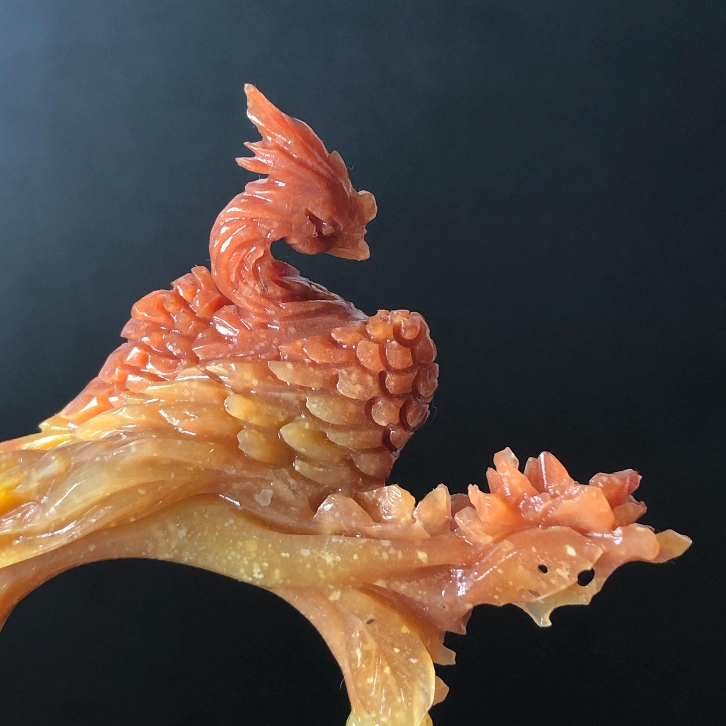 Certified Natural Xiu Jade (Serpentine) Hand Carved Red Fire Phoenix & Peony Hair Pin | Yellow Red Jade Hair Stick | Asian Chinese Vintage Style gift for her hand carved phoenix carving hand engraved phoenix hair stick phoenix carving red phoenix fire phoenix hair fork red jade yellow jade chinese jade with certificate rebirth transformation gift korean hair pin japanese hair stick hair fork hair comb hanfu hair stick peony carving