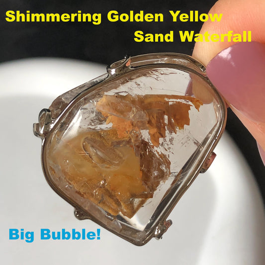 Ultra Rare! Polished Enhydro Quartz Shimmering Golden Yellow Sand Waterfall & Big Shifting Bubble Inlcusion S925 Silver Pendant Adjustable Necklace Natural Gemstone Birthstone Gift for her enhydro quartz sand water-fall pendant necklace choker gemstone charm stone pendant choker polished stone pendant crystal charm birthstone men necklace chakra crystal minerals specimen silver wire wrapped pendant inclusion crystal inclusion crystal  yellow sand inclusion shimmering rainbow quartz
