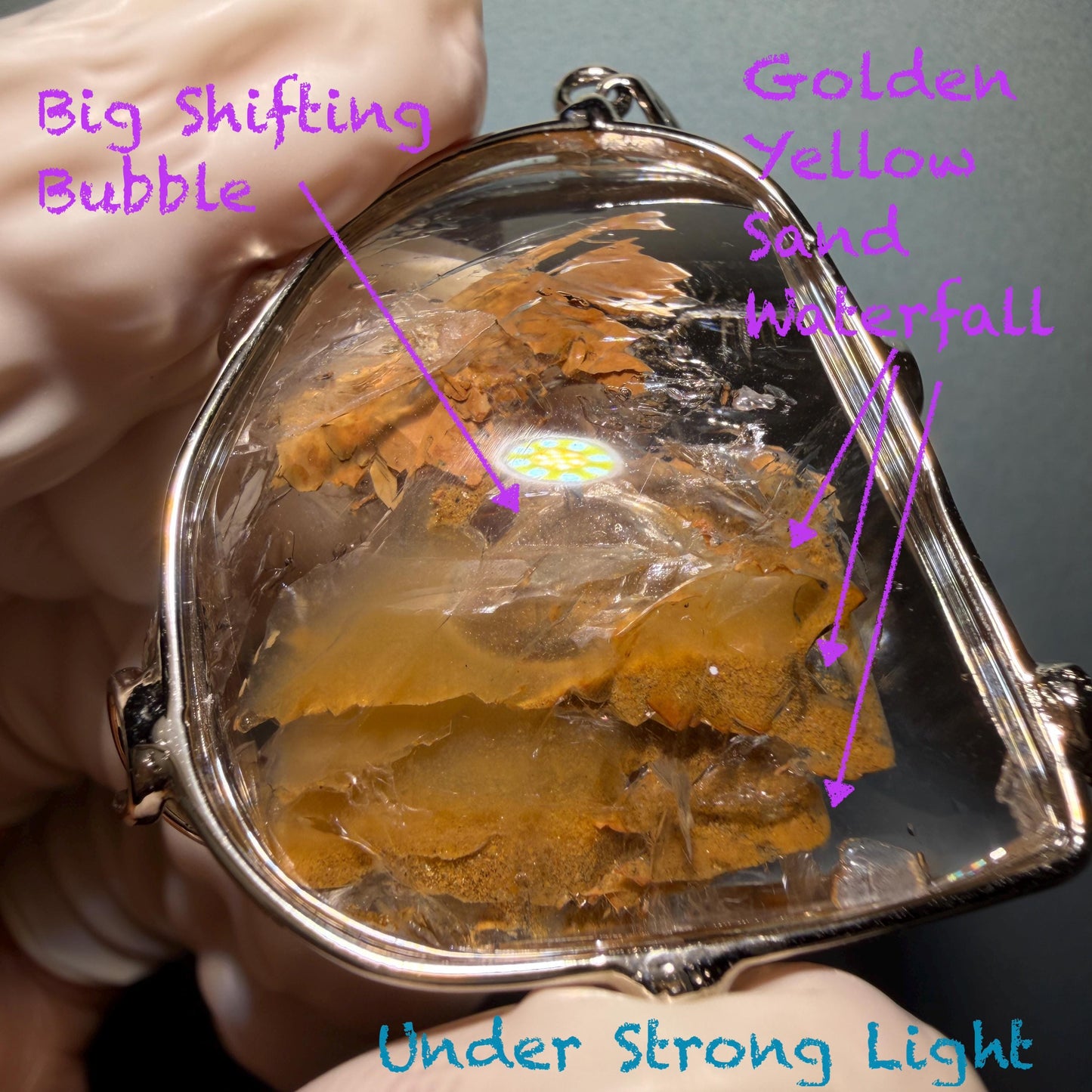 Ultra Rare! Polished Enhydro Quartz Shimmering Golden Yellow Sand Waterfall & Big Shifting Bubble Inlcusion S925 Silver Pendant Adjustable Necklace Natural Gemstone Birthstone Gift for her enhydro quartz sand water-fall pendant necklace choker gemstone charm stone pendant choker polished stone pendant crystal charm birthstone men necklace chakra crystal minerals specimen silver wire wrapped pendant inclusion crystal inclusion crystal  yellow sand inclusion shimmering rainbow quartz