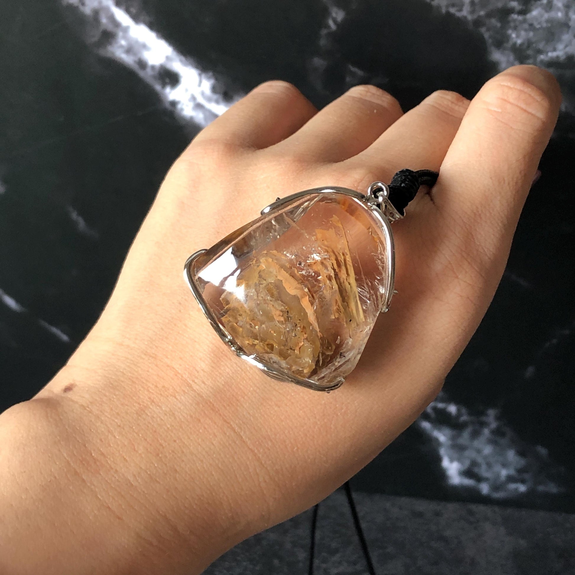 Ultra Rare! Polished Enhydro Quartz Shimmering Golden Yellow Sand Waterfall & Big Shifting Bubble Inlcusion S925 Silver Pendant Adjustable Necklace Natural Gemstone Birthstone Gift for her enhydro quartz sand water-fall pendant necklace choker gemstone charm stone pendant choker polished stone pendant crystal charm birthstone men necklace chakra crystal minerals specimen silver wire wrapped pendant inclusion crystal inclusion crystal  yellow sand inclusion shimmering rainbow quartz