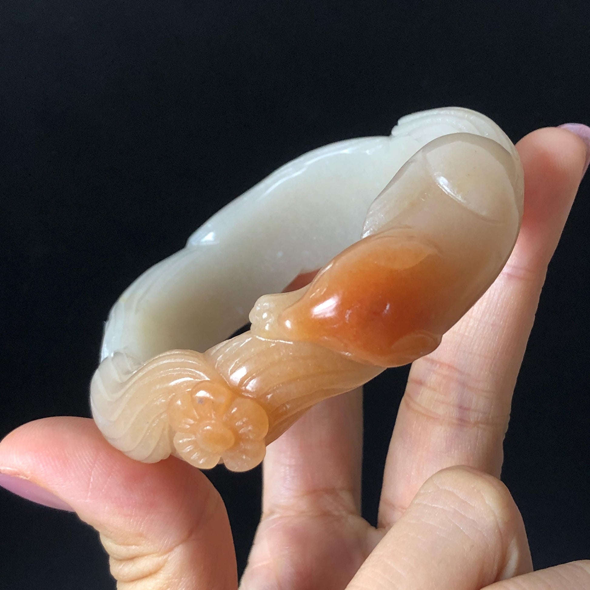 48-70mm! Custom Size Quartzite (She Taicui jade) Hand Carved Nine-tailed Fox Flower Stone Bangle: Natural Handcrafted Milky Coral Sands Tailor made Bracelet make to order tailor made bracelet fox carving fox lover gift orange jade brown jade chinese jade multicolor jade antique jade bracelet vintage jade bangle 3D stone carving animals carving hand engraved gemstone bangle for women customized bracelet handmade bangle nine tail fox carving gift for her peony carving flower carving