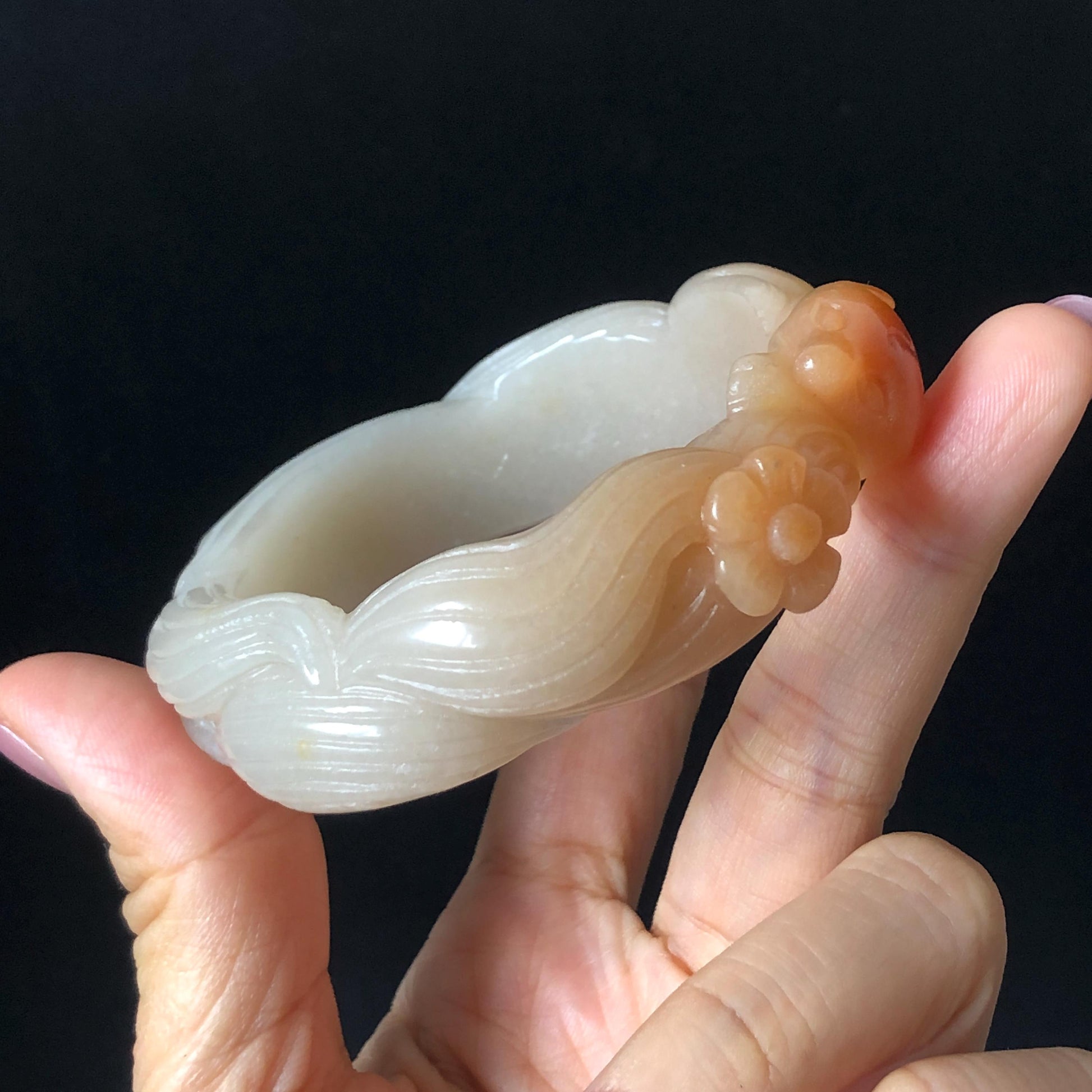 48-70mm! Custom Size Quartzite (She Taicui jade) Hand Carved Nine-tailed Fox Flower Stone Bangle: Natural Handcrafted Milky Coral Sands Tailor made Bracelet make to order tailor made bracelet fox carving fox lover gift orange jade brown jade chinese jade multicolor jade antique jade bracelet vintage jade bangle 3D stone carving animals carving hand engraved gemstone bangle for women customized bracelet handmade bangle nine tail fox carving gift for her peony carving flower carving