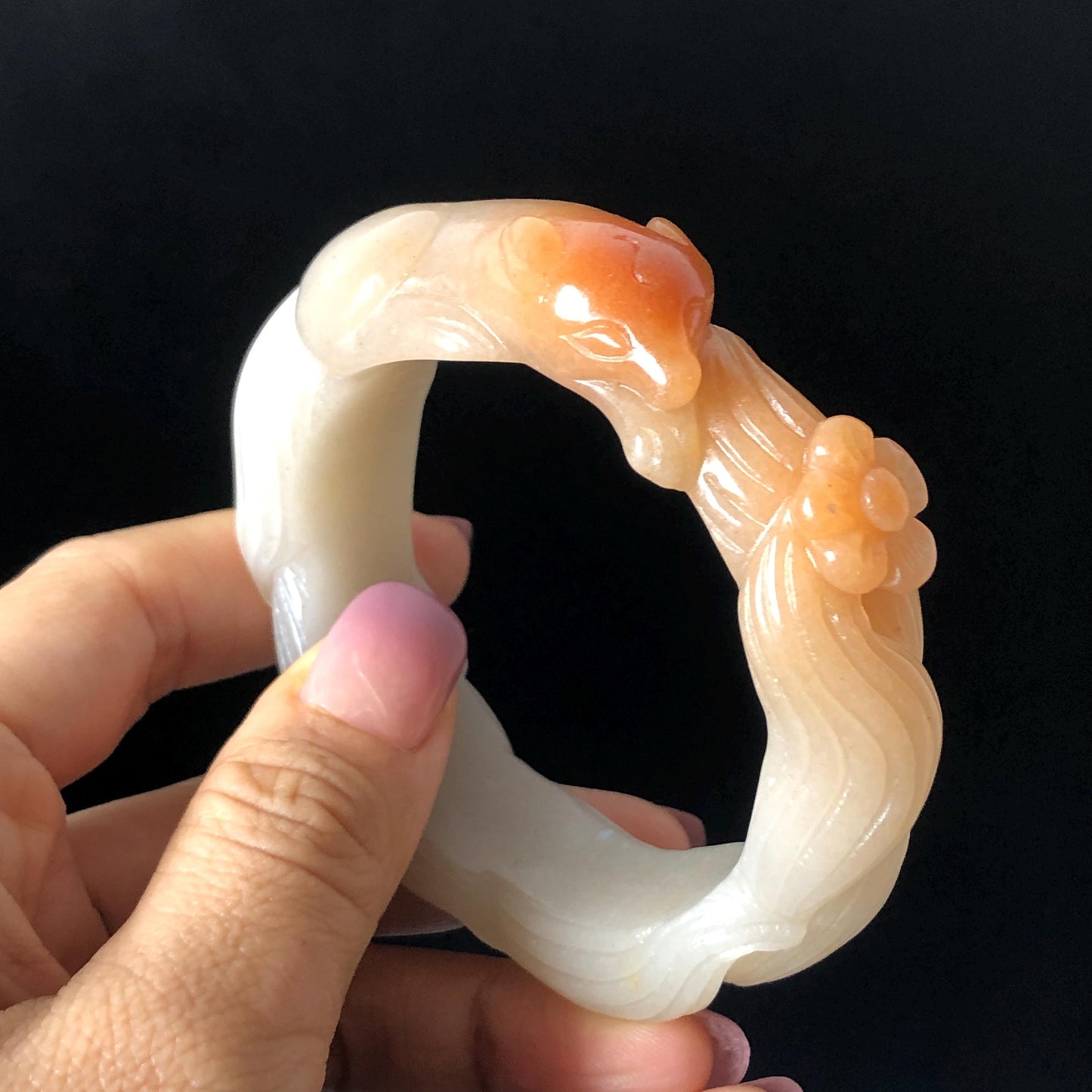 48-70mm! Custom Size Quartzite (She Taicui jade) Hand Carved Nine-tailed Fox Flower Stone Bangle: Natural Handcrafted Milky Coral Sands Tailor made Bracelet make to order tailor made bracelet fox carving fox lover gift orange jade brown jade chinese jade multicolor jade antique jade bracelet vintage jade bangle 3D stone carving animals carving hand engraved gemstone bangle for women customized bracelet handmade bangle nine tail fox carving gift for her peony carving flower carving