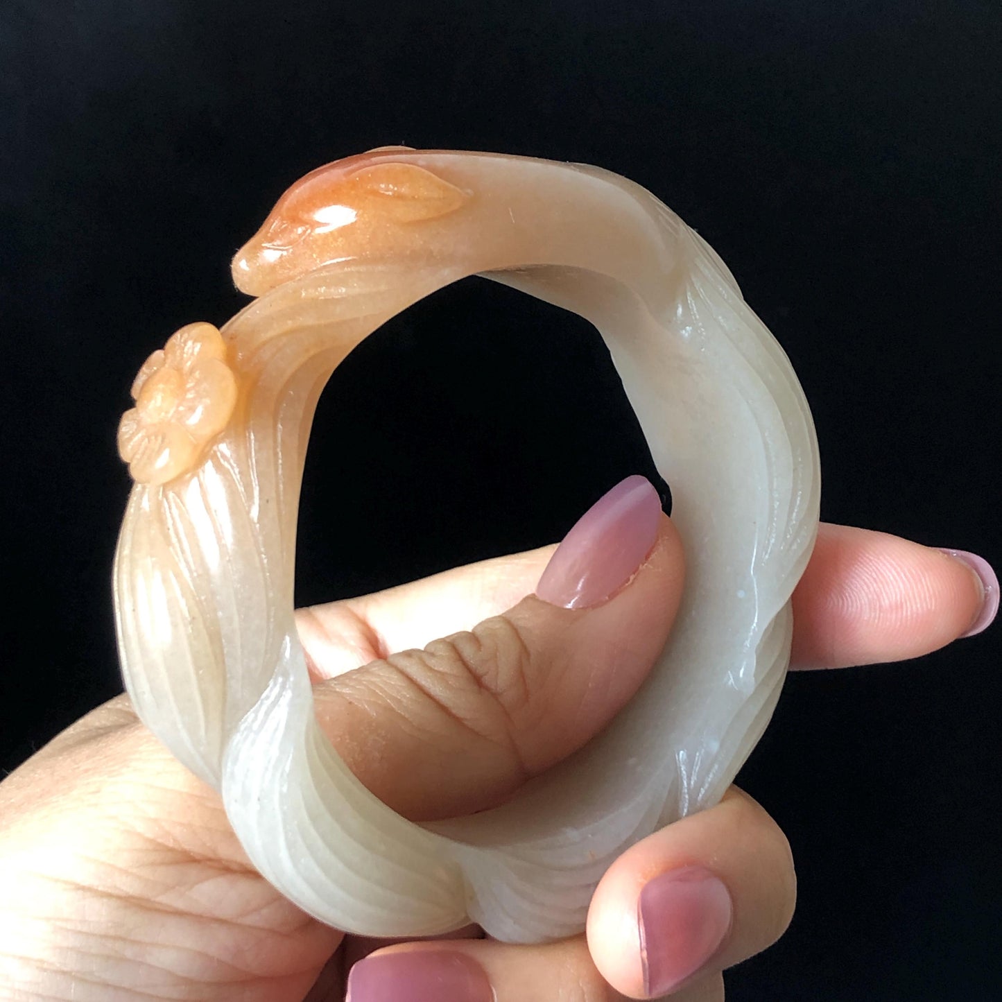 48-70mm! Custom Size Quartzite (She Taicui jade) Hand Carved Nine-tailed Fox Flower Stone Bangle: Natural Handcrafted Milky Coral Sands Tailor made Bracelet make to order tailor made bracelet fox carving fox lover gift orange jade brown jade chinese jade multicolor jade antique jade bracelet vintage jade bangle 3D stone carving animals carving hand engraved gemstone bangle for women customized bracelet handmade bangle nine tail fox carving gift for her peony carving flower carving