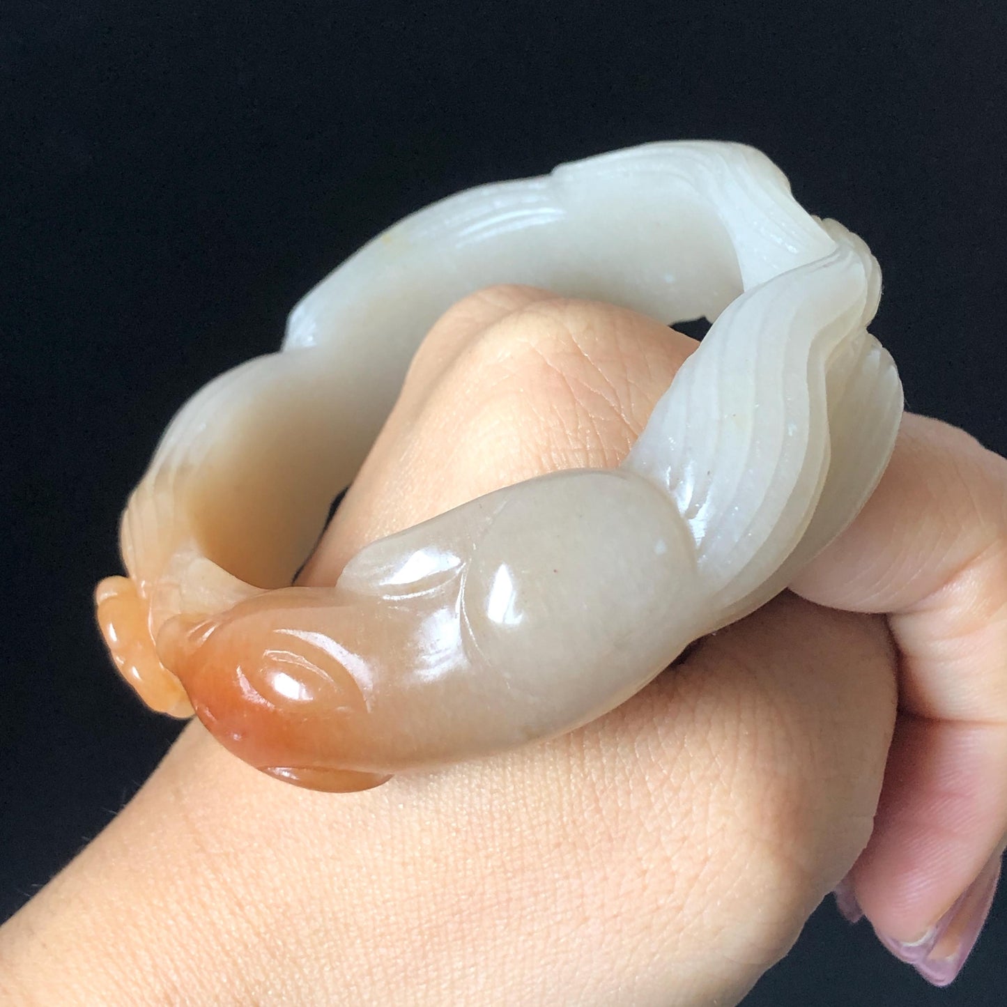 48-70mm! Custom Size Quartzite (She Taicui jade) Hand Carved Nine-tailed Fox Flower Stone Bangle: Natural Handcrafted Milky Coral Sands Tailor made Bracelet make to order tailor made bracelet fox carving fox lover gift orange jade brown jade chinese jade multicolor jade antique jade bracelet vintage jade bangle 3D stone carving animals carving hand engraved gemstone bangle for women customized bracelet handmade bangle nine tail fox carving gift for her peony carving flower carving