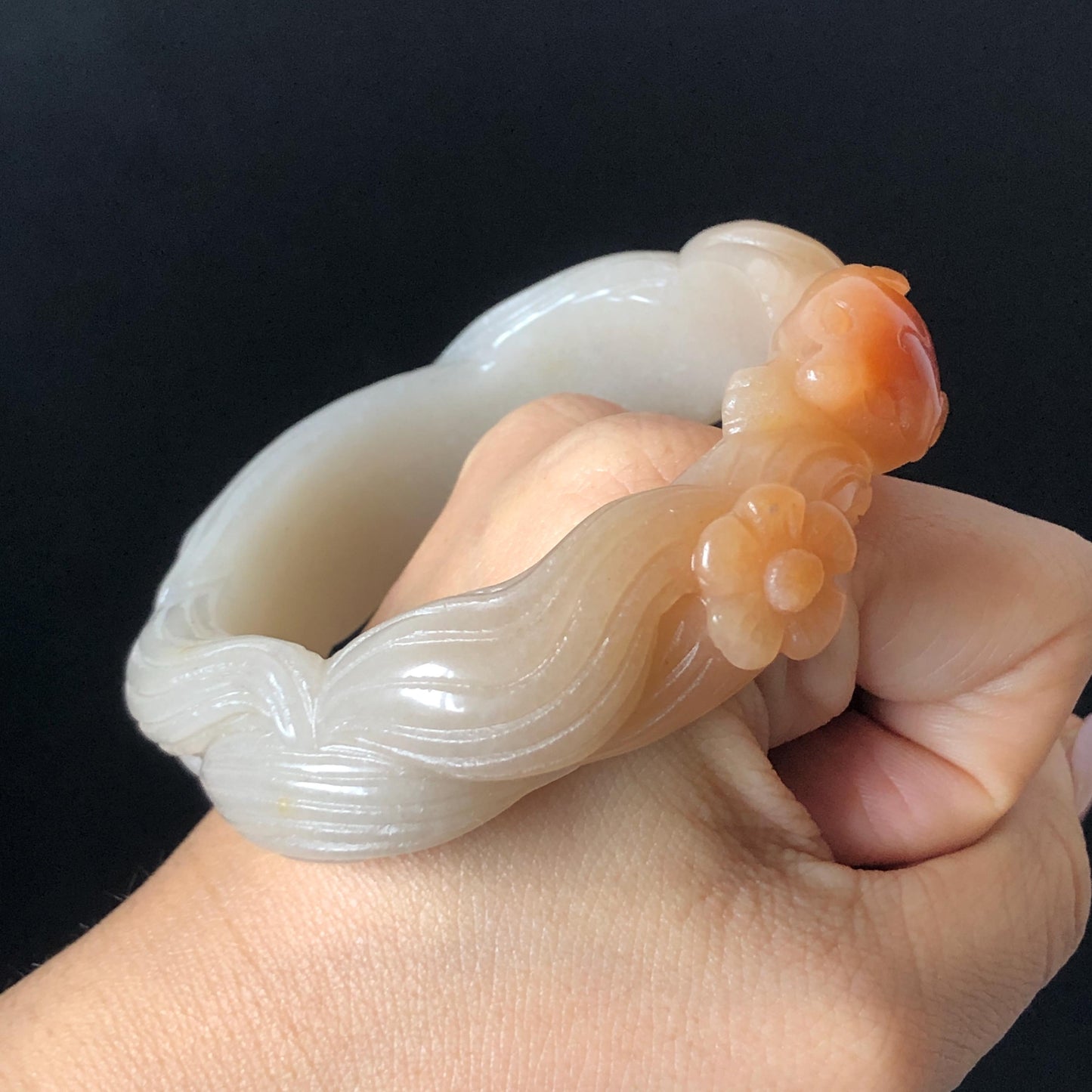 48-70mm! Custom Size Quartzite (She Taicui jade) Hand Carved Nine-tailed Fox Flower Stone Bangle: Natural Handcrafted Milky Coral Sands Tailor made Bracelet make to order tailor made bracelet fox carving fox lover gift orange jade brown jade chinese jade multicolor jade antique jade bracelet vintage jade bangle 3D stone carving animals carving hand engraved gemstone bangle for women customized bracelet handmade bangle nine tail fox carving gift for her peony carving flower carving