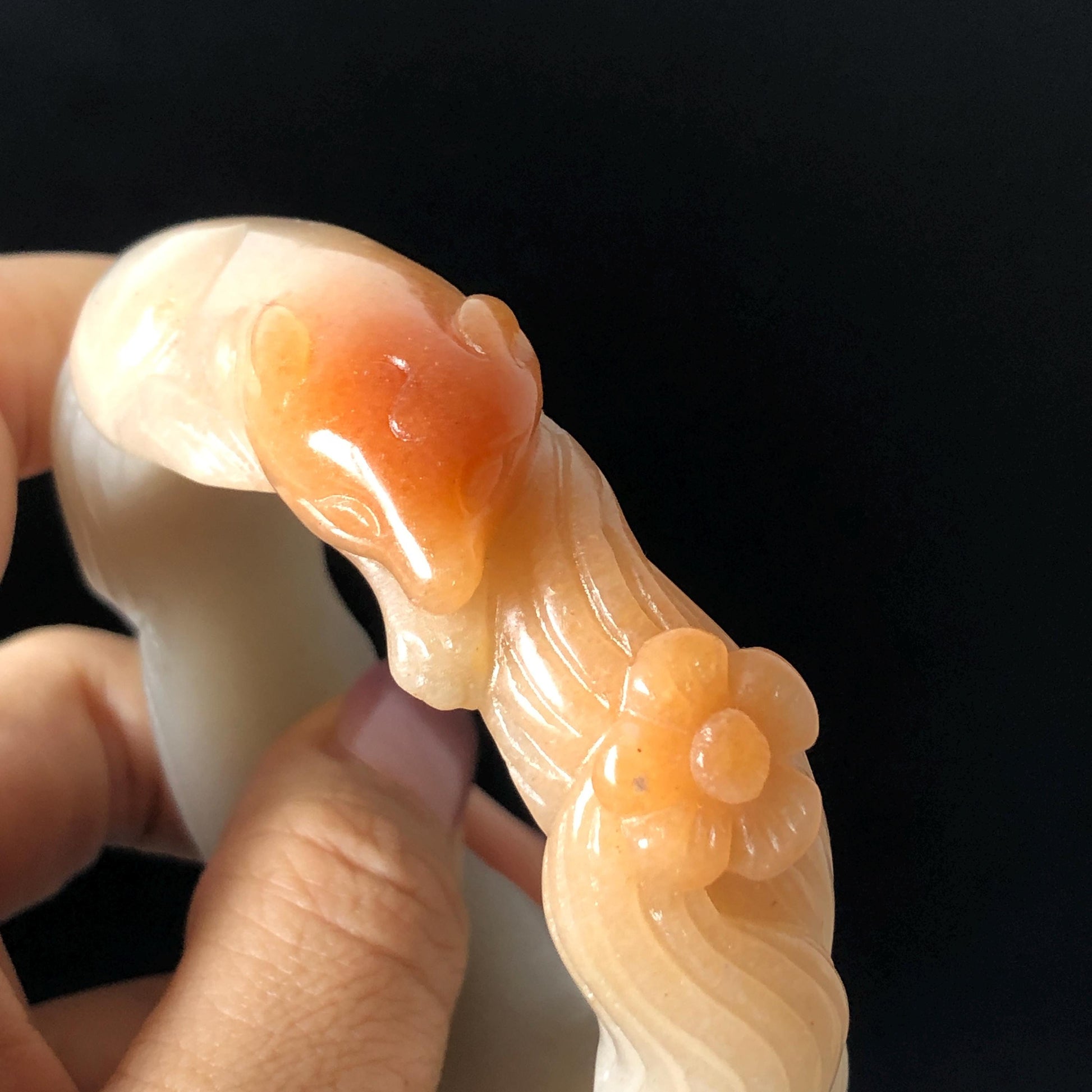48-70mm! Custom Size Quartzite (She Taicui jade) Hand Carved Nine-tailed Fox Flower Stone Bangle: Natural Handcrafted Milky Coral Sands Tailor made Bracelet make to order tailor made bracelet fox carving fox lover gift orange jade brown jade chinese jade multicolor jade antique jade bracelet vintage jade bangle 3D stone carving animals carving hand engraved gemstone bangle for women customized bracelet handmade bangle nine tail fox carving gift for her peony carving flower carving