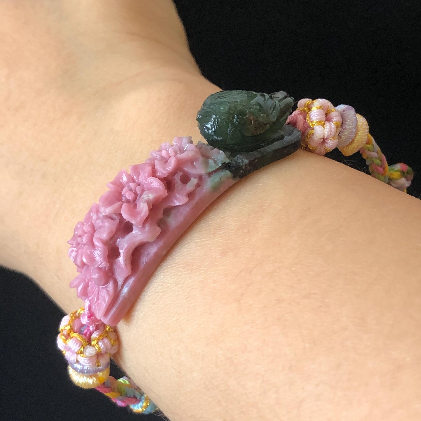 Natural Xiu Jade Serpentine Hand Carved Bird & Flower Charm Braided Bracelet: Greenish Green and Pink Jade Adjustable Bracelet 3D Stone Carving adjustable bracelet woven bracelet rope 3D jade carving green jade pink jade multicolour jade natural untreated jade handcrafted charm bead bracelet handmade bracelet bird carving flower carving hand engraved charm chinese braided bracelet vintage bracelet antique bracelet lucky rope