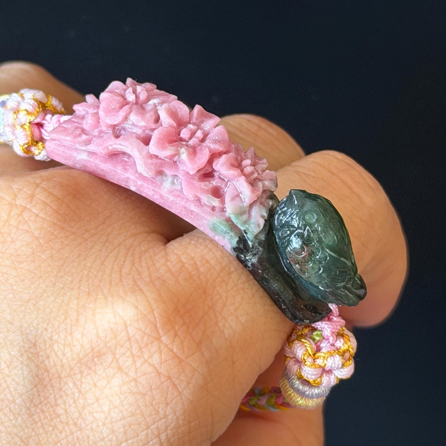 Natural Xiu Jade Serpentine Hand Carved Bird & Flower Charm Braided Bracelet: Greenish Green and Pink Jade Adjustable Bracelet 3D Stone Carving adjustable bracelet woven bracelet rope 3D jade carving green jade pink jade multicolour jade natural untreated jade handcrafted charm bead bracelet handmade bracelet bird carving flower carving hand engraved charm chinese braided bracelet vintage bracelet antique bracelet lucky rope