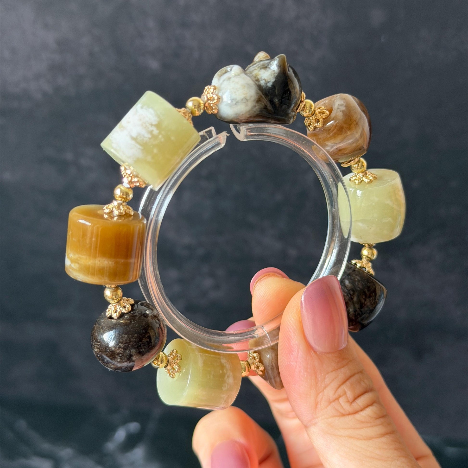 Nephrite Jade Hand Carved Cat Kitten Charm Bracelet | Milk Tea & Cookies Collection | Untreated Natural White Jade Brown Jade Elastic Big Bead Bracelet Chinese Jade Vintage Bracelet Antique Bracelet Gift for her Flexible Bracelet with honey brown jade deep brown jade white jade 14k gold plated accessory nephrite beads bold bracelet irregular beads bracelet tailor made bracelet customized bracelet diy bracelet hand engraved cat carving handcrafted kitten carving cat lover gift