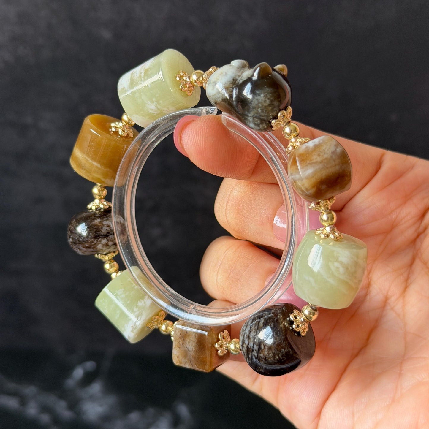 Nephrite Jade Hand Carved Cat Kitten Charm Bracelet | Milk Tea & Cookies Collection | Untreated Natural White Jade Brown Jade Elastic Big Bead Bracelet Chinese Jade Vintage Bracelet Antique Bracelet Gift for her Flexible Bracelet with honey brown jade deep brown jade white jade 14k gold plated accessory nephrite beads bold bracelet irregular beads bracelet tailor made bracelet customized bracelet diy bracelet hand engraved cat carving handcrafted kitten carving cat lover gift