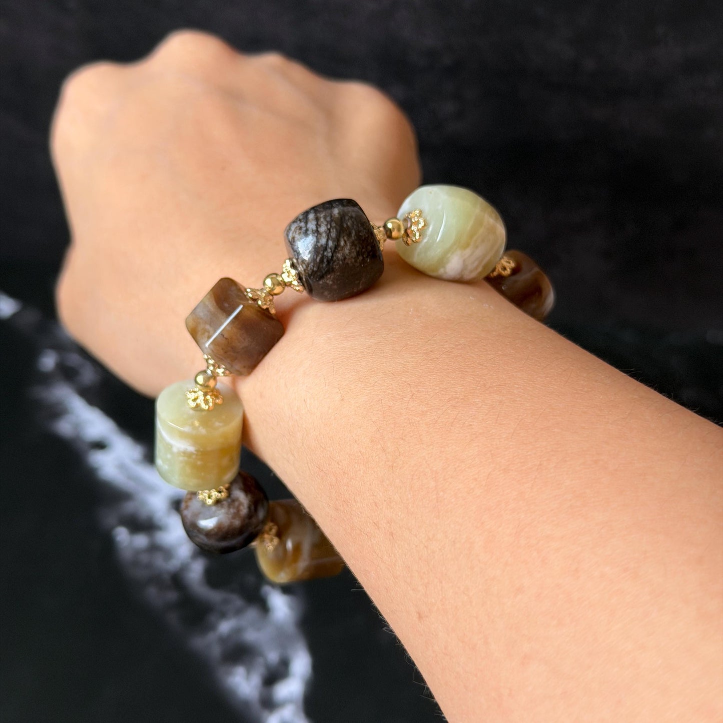 Nephrite Jade Hand Carved Cat Kitten Charm Bracelet | Milk Tea & Cookies Collection | Untreated Natural White Jade Brown Jade Elastic Big Bead Bracelet Chinese Jade Vintage Bracelet Antique Bracelet Gift for her Flexible Bracelet with honey brown jade deep brown jade white jade 14k gold plated accessory nephrite beads bold bracelet irregular beads bracelet tailor made bracelet customized bracelet diy bracelet hand engraved cat carving handcrafted kitten carving cat lover gift