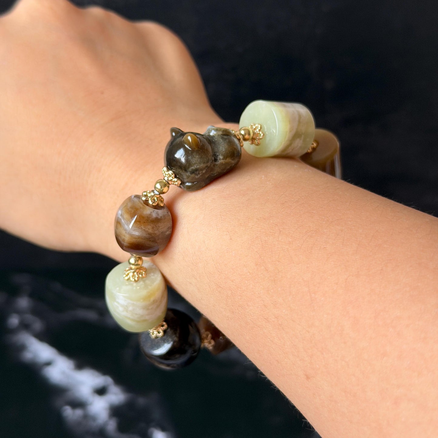 Nephrite Jade Hand Carved Cat Kitten Charm Bracelet | Milk Tea & Cookies Collection | Untreated Natural White Jade Brown Jade Elastic Big Bead Bracelet Chinese Jade Vintage Bracelet Antique Bracelet Gift for her Flexible Bracelet with honey brown jade deep brown jade white jade 14k gold plated accessory nephrite beads bold bracelet irregular beads bracelet tailor made bracelet customized bracelet diy bracelet hand engraved cat carving handcrafted kitten carving cat lover gift