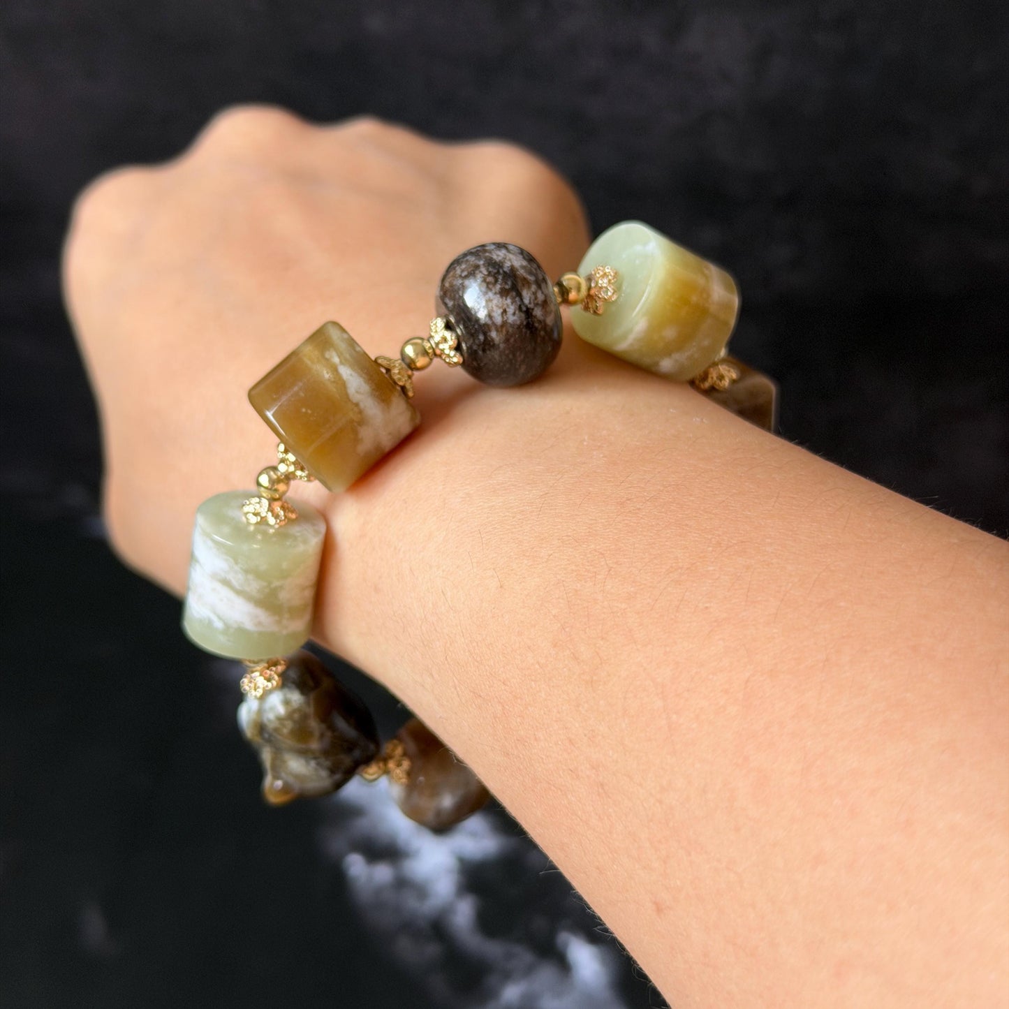 Nephrite Jade Hand Carved Cat Kitten Charm Bracelet | Milk Tea & Cookies Collection | Untreated Natural White Jade Brown Jade Elastic Big Bead Bracelet Chinese Jade Vintage Bracelet Antique Bracelet Gift for her Flexible Bracelet with honey brown jade deep brown jade white jade 14k gold plated accessory nephrite beads bold bracelet irregular beads bracelet tailor made bracelet customized bracelet diy bracelet hand engraved cat carving handcrafted kitten carving cat lover gift