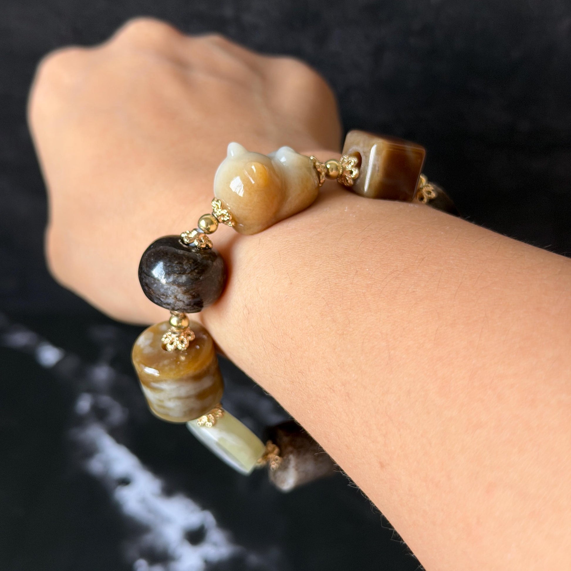 Nephrite Jade Hand Carved Cat Kitten Charm Bracelet | Milk Tea & Cookies Collection | Untreated Natural White Jade Brown Jade Elastic Big Bead Bracelet Chinese Jade Vintage Bracelet Antique Bracelet Gift for her Flexible Bracelet with honey brown jade deep brown jade white jade 14k gold plated accessory nephrite beads bold bracelet irregular beads bracelet tailor made bracelet customized bracelet diy bracelet hand engraved cat carving handcrafted kitten carving cat lover gift