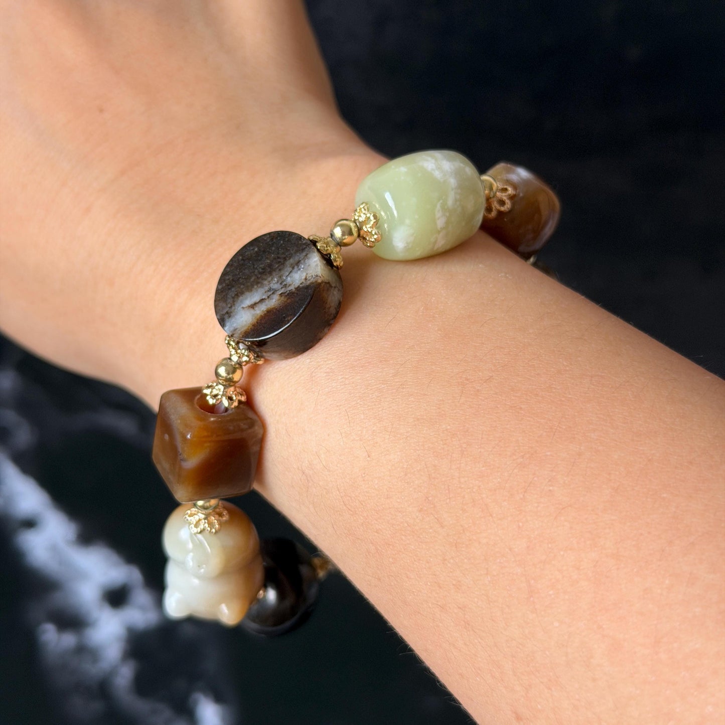 Nephrite Jade Hand Carved Cat Kitten Charm Bracelet | Milk Tea & Cookies Collection | Untreated Natural White Jade Brown Jade Elastic Big Bead Bracelet Chinese Jade Vintage Bracelet Antique Bracelet Gift for her Flexible Bracelet with honey brown jade deep brown jade white jade 14k gold plated accessory nephrite beads bold bracelet irregular beads bracelet tailor made bracelet customized bracelet diy bracelet hand engraved cat carving handcrafted kitten carving cat lover gift