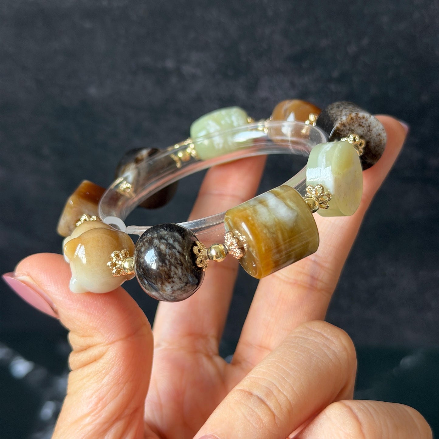 Nephrite Jade Hand Carved Cat Kitten Charm Bracelet | Milk Tea & Cookies Collection | Untreated Natural White Jade Brown Jade Elastic Big Bead Bracelet Chinese Jade Vintage Bracelet Antique Bracelet Gift for her Flexible Bracelet with honey brown jade deep brown jade white jade 14k gold plated accessory nephrite beads bold bracelet irregular beads bracelet tailor made bracelet customized bracelet diy bracelet hand engraved cat carving handcrafted kitten carving cat lover gift