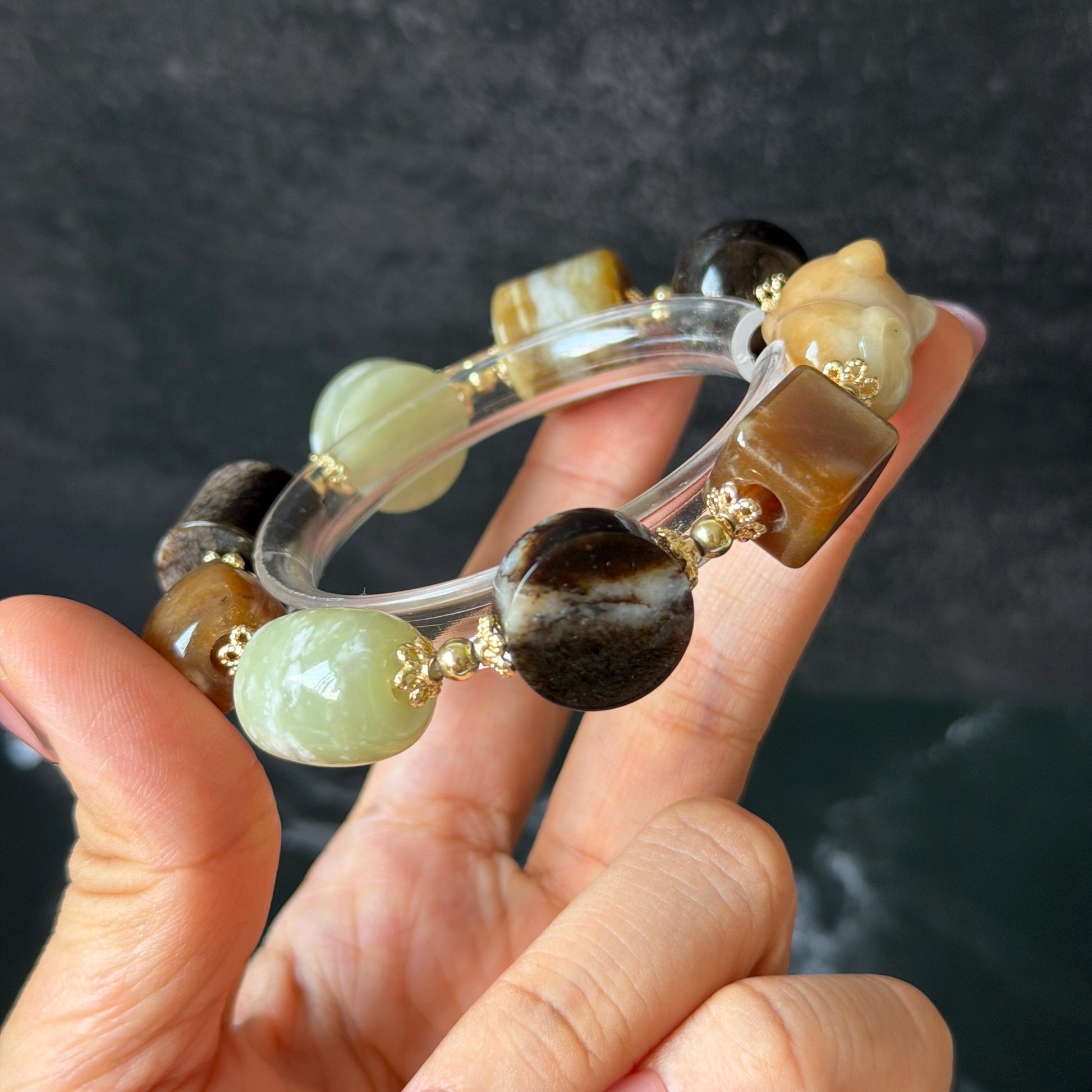 Nephrite Jade Hand Carved Cat Kitten Charm Bracelet | Milk Tea & Cookies Collection | Untreated Natural White Jade Brown Jade Elastic Big Bead Bracelet Chinese Jade Vintage Bracelet Antique Bracelet Gift for her Flexible Bracelet with honey brown jade deep brown jade white jade 14k gold plated accessory nephrite beads bold bracelet irregular beads bracelet tailor made bracelet customized bracelet diy bracelet hand engraved cat carving handcrafted kitten carving cat lover gift
