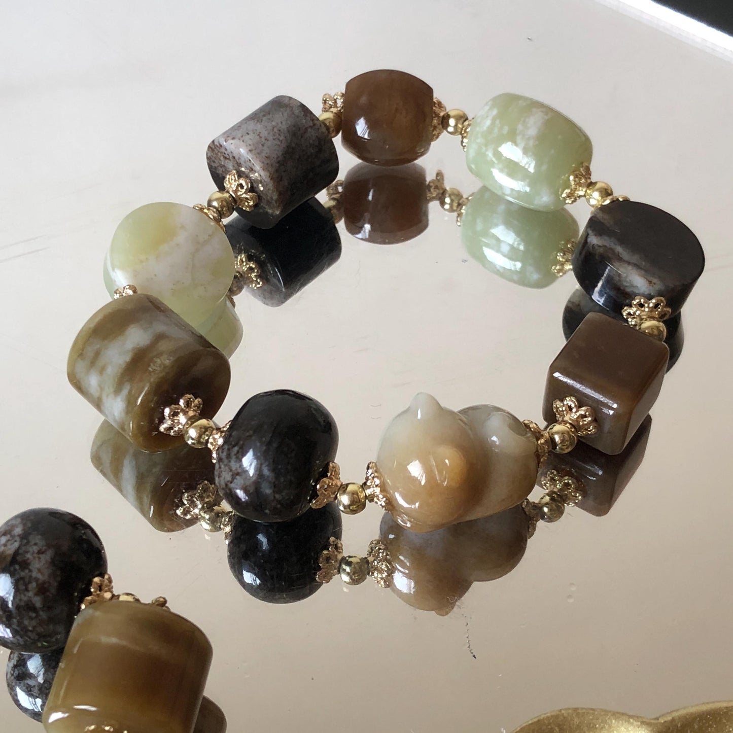 Nephrite Jade Hand Carved Cat Kitten Charm Bracelet | Milk Tea & Cookies Collection | Untreated Natural White Jade Brown Jade Elastic Big Bead Bracelet Chinese Jade Vintage Bracelet Antique Bracelet Gift for her Flexible Bracelet with honey brown jade deep brown jade white jade 14k gold plated accessory nephrite beads bold bracelet irregular beads bracelet tailor made bracelet customized bracelet diy bracelet hand engraved cat carving handcrafted kitten carving cat lover gift