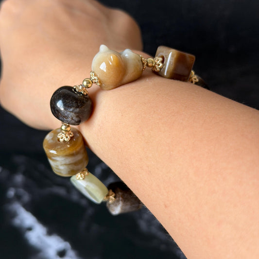 Nephrite Jade Hand Carved Cat Kitten Charm Bracelet | Milk Tea & Cookies Collection | Untreated Natural White Jade Brown Jade Elastic Big Bead Bracelet Chinese Jade Vintage Bracelet Antique Bracelet Gift for her Flexible Bracelet with honey brown jade deep brown jade white jade 14k gold plated accessory nephrite beads bold bracelet irregular beads bracelet tailor made bracelet customized bracelet diy bracelet hand engraved cat carving handcrafted kitten carving cat lover gift