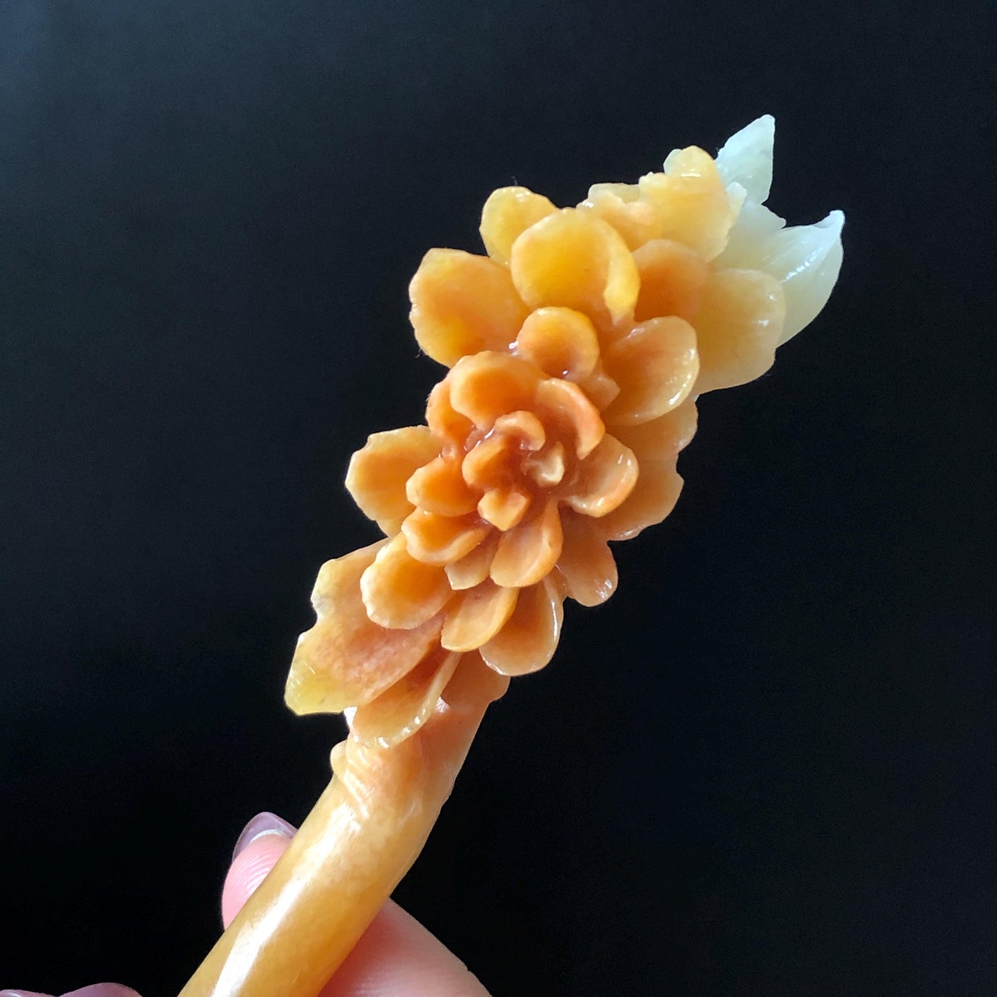 Xiu Jade Serpentine Hand Carved Peony Flower Hair Stick: Natural Untreated Bicolor White Red Jade Hairpin, Vintage Hanfu Hair Jewelry Gift for her Bridal Shower gift bridal hair clip wedding headpiece wedding hair jewelry bridal hair accessories red jade carving yellow jade hand engraved flower handcrafted hair stick japanese hairpins korean hair stick chinese hair comb antique hair fork hanfu hair pins certified untreated jade multicolor jade bicolor jade flower carving peony carving