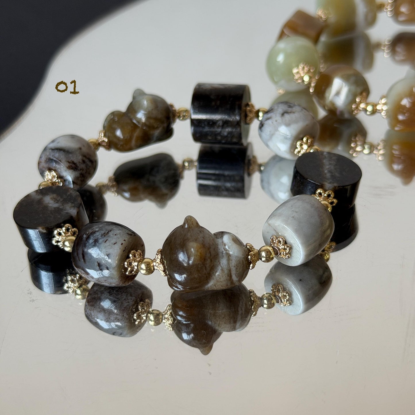 Nephrite Jade Hand Carved Cat Kitten Charm Bracelet | Milk Tea & Cookies Collection | Untreated Natural White Jade Brown Jade Elastic Big Bead Bracelet Chinese Jade Vintage Bracelet Antique Bracelet Gift for her Flexible Bracelet with honey brown jade deep brown jade white jade 14k gold plated accessory nephrite beads bold bracelet irregular beads bracelet tailor made bracelet customized bracelet diy bracelet hand engraved cat carving handcrafted kitten carving cat lover gift