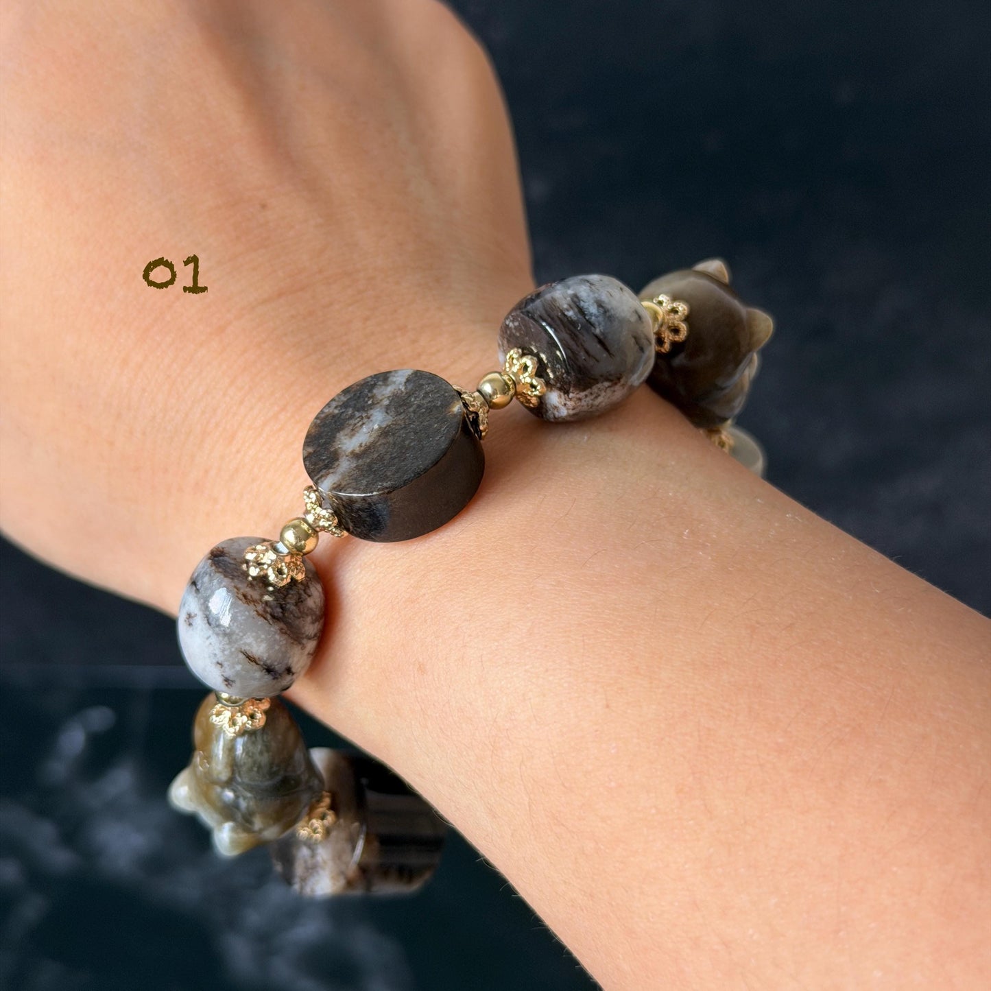 Nephrite Jade Hand Carved Cat Kitten Charm Bracelet | Milk Tea & Cookies Collection | Untreated Natural White Jade Brown Jade Elastic Big Bead Bracelet Chinese Jade Vintage Bracelet Antique Bracelet Gift for her Flexible Bracelet with honey brown jade deep brown jade white jade 14k gold plated accessory nephrite beads bold bracelet irregular beads bracelet tailor made bracelet customized bracelet diy bracelet hand engraved cat carving handcrafted kitten carving cat lover gift