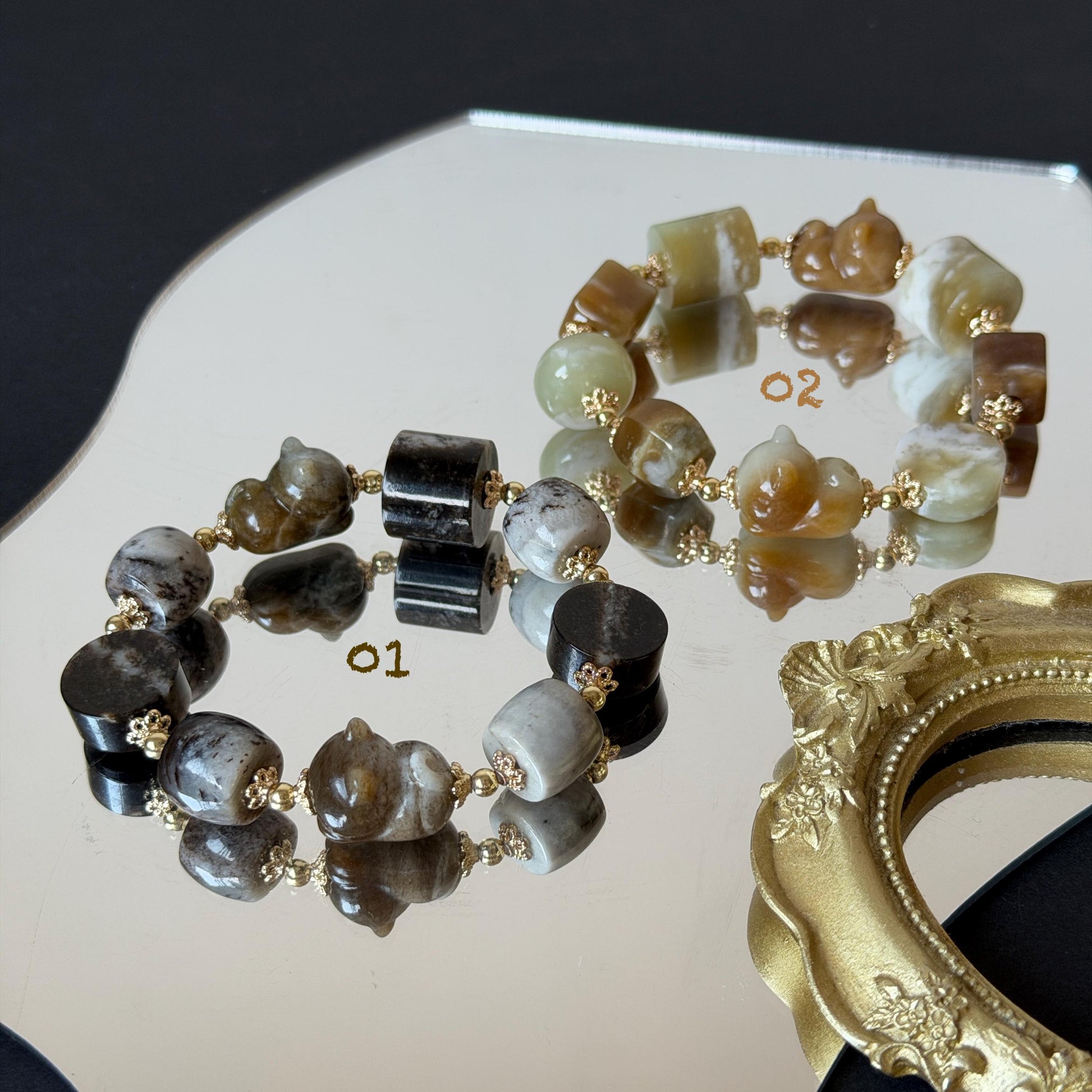 Nephrite Jade Hand Carved Cat Kitten Charm Bracelet | Milk Tea & Cookies Collection | Untreated Natural White Jade Brown Jade Elastic Big Bead Bracelet Chinese Jade Vintage Bracelet Antique Bracelet Gift for her Flexible Bracelet with honey brown jade deep brown jade white jade 14k gold plated accessory nephrite beads bold bracelet irregular beads bracelet tailor made bracelet customized bracelet diy bracelet hand engraved cat carving handcrafted kitten carving cat lover gift