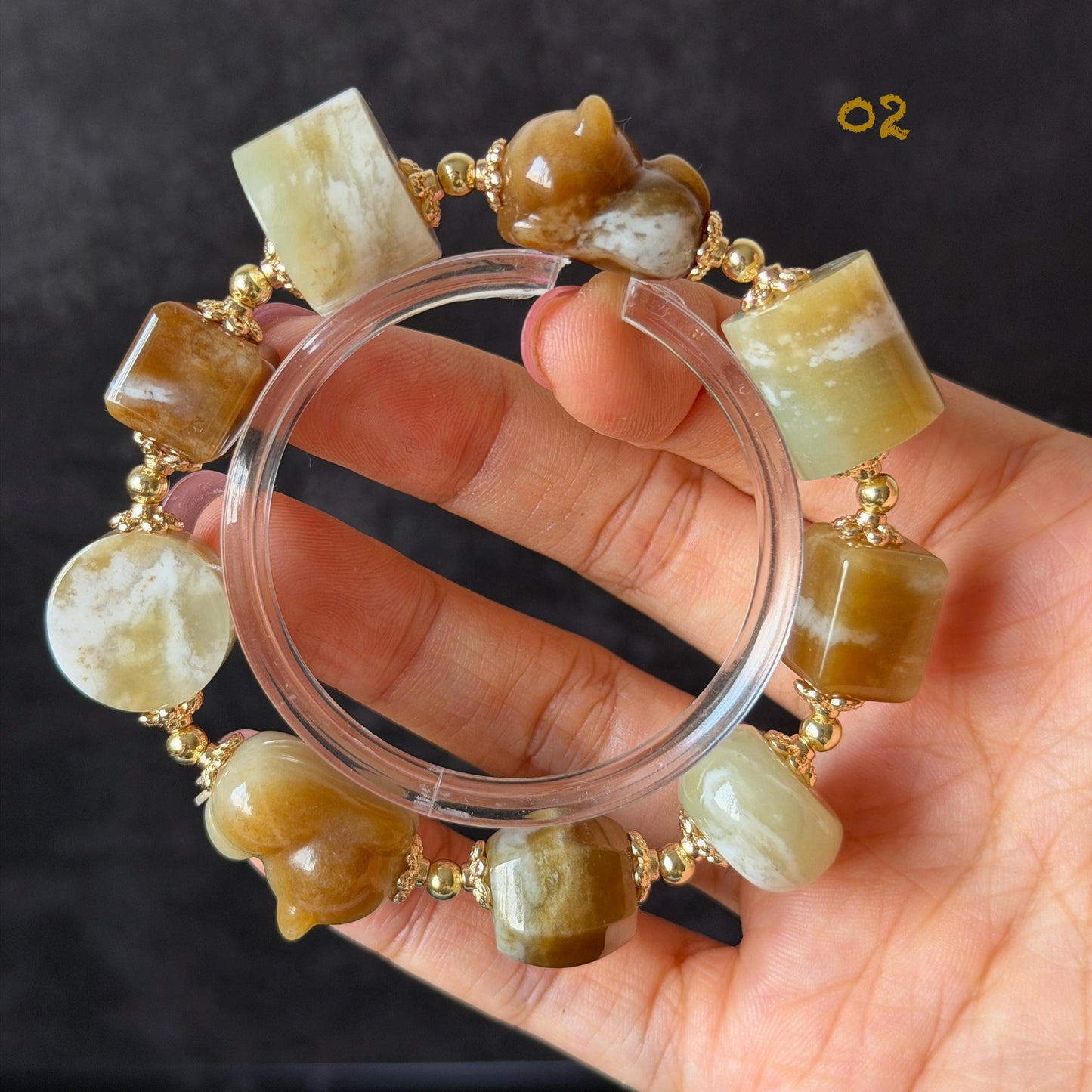 Nephrite Jade Hand Carved Cat Kitten Charm Bracelet | Milk Tea & Cookies Collection | Untreated Natural White Jade Brown Jade Elastic Big Bead Bracelet Chinese Jade Vintage Bracelet Antique Bracelet Gift for her Flexible Bracelet with honey brown jade deep brown jade white jade 14k gold plated accessory nephrite beads bold bracelet irregular beads bracelet tailor made bracelet customized bracelet diy bracelet hand engraved cat carving handcrafted kitten carving cat lover gift
