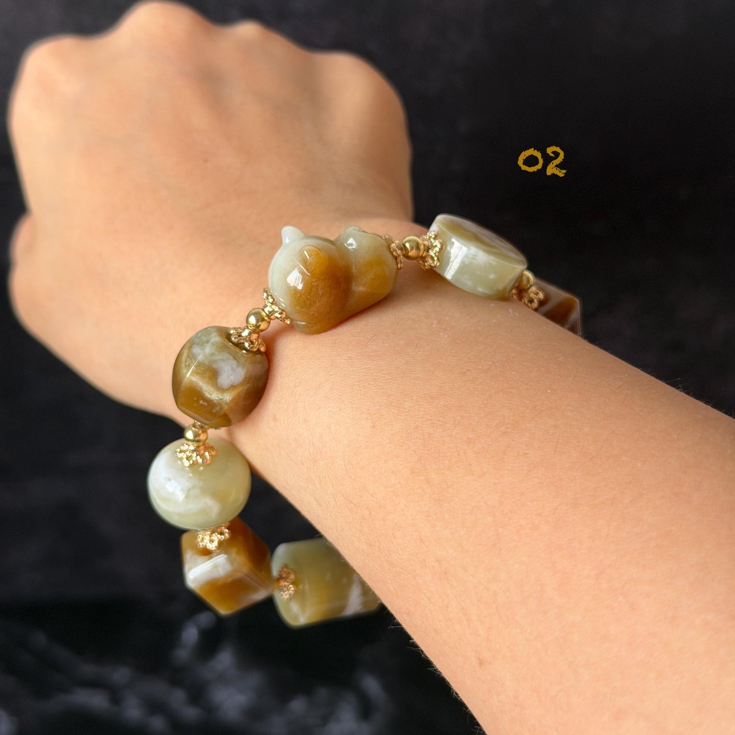 Nephrite Jade Hand Carved Cat Kitten Charm Bracelet | Milk Tea & Cookies Collection | Untreated Natural White Jade Brown Jade Elastic Big Bead Bracelet Chinese Jade Vintage Bracelet Antique Bracelet Gift for her Flexible Bracelet with honey brown jade deep brown jade white jade 14k gold plated accessory nephrite beads bold bracelet irregular beads bracelet tailor made bracelet customized bracelet diy bracelet hand engraved cat carving handcrafted kitten carving cat lover gift