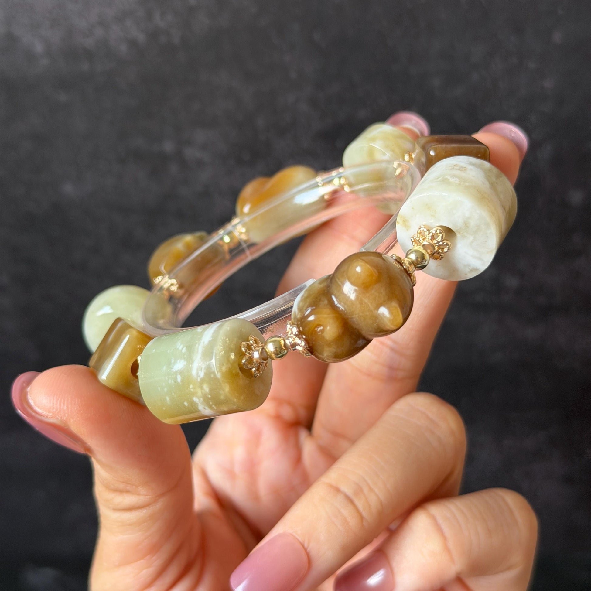 Nephrite Jade Hand Carved Cat Kitten Charm Bracelet | Milk Tea & Cookies | Untreated Natural White Jade Brown Jade Elastic Big Bead Bracelet