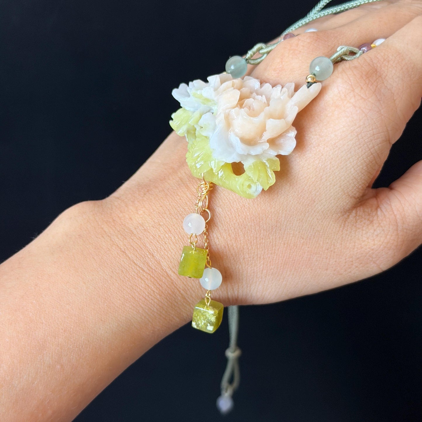 Xiu Jade Serpentine Hand Carved Peony Flower Pendant Adjustable Necklace Choker: Natural Untreated Pink Beign and Green Jade Carving Charm