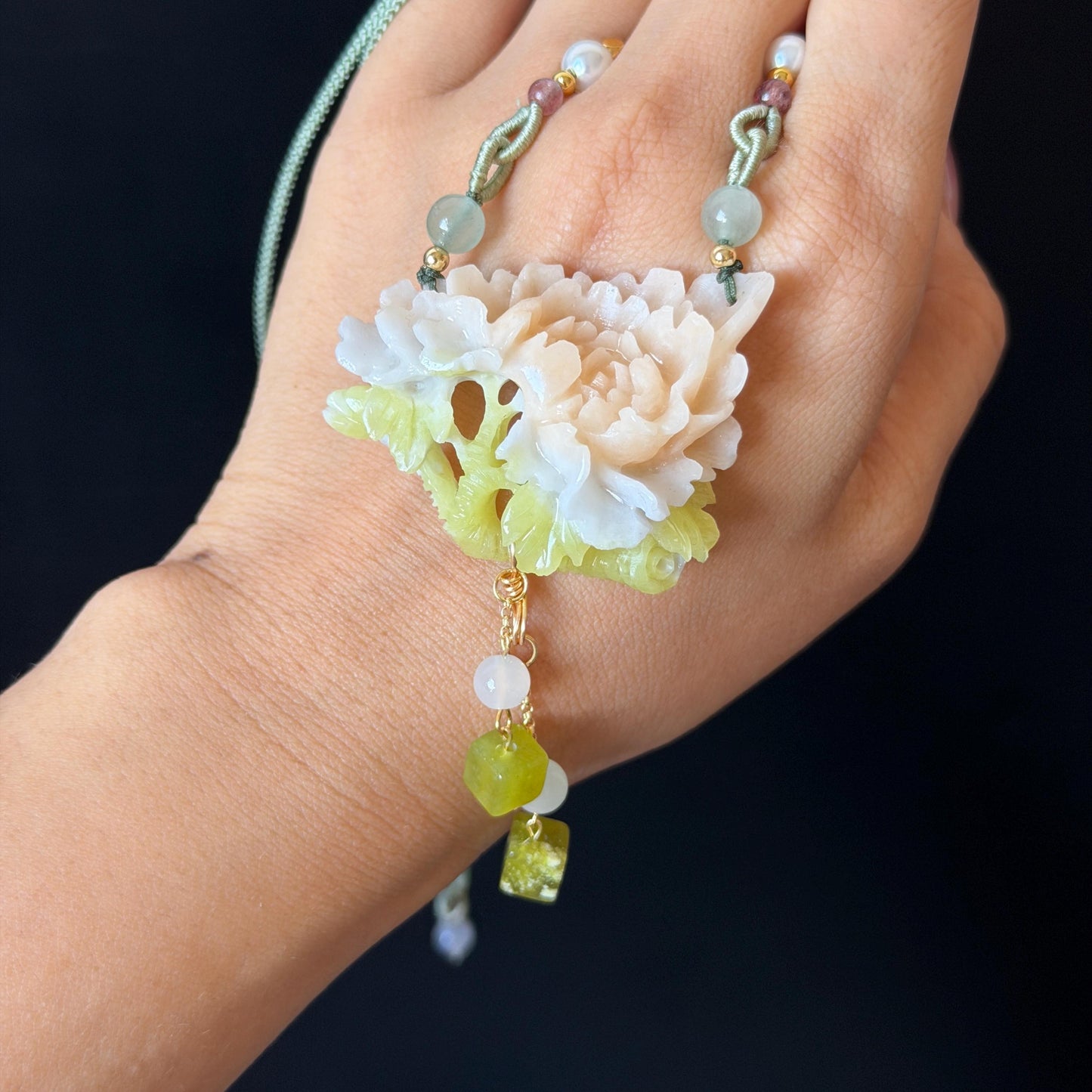 Xiu Jade Serpentine Hand Carved Peony Flower Pendant Adjustable Necklace Choker: Natural Untreated Pink Beign and Green Jade Carving Charm