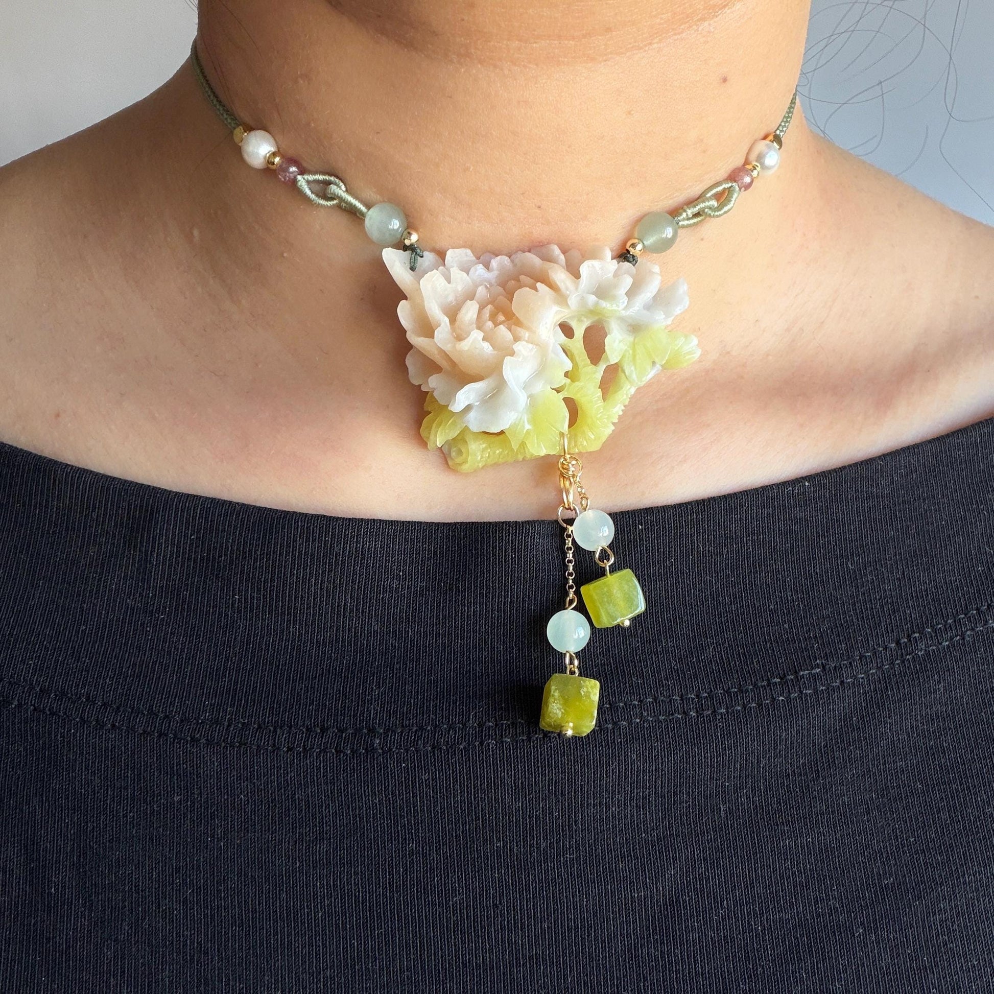 Xiu Jade Serpentine Hand Carved Peony Flower Pendant Adjustable Necklace Choker: Natural Untreated Pink Beign and Green Jade Carving Charm