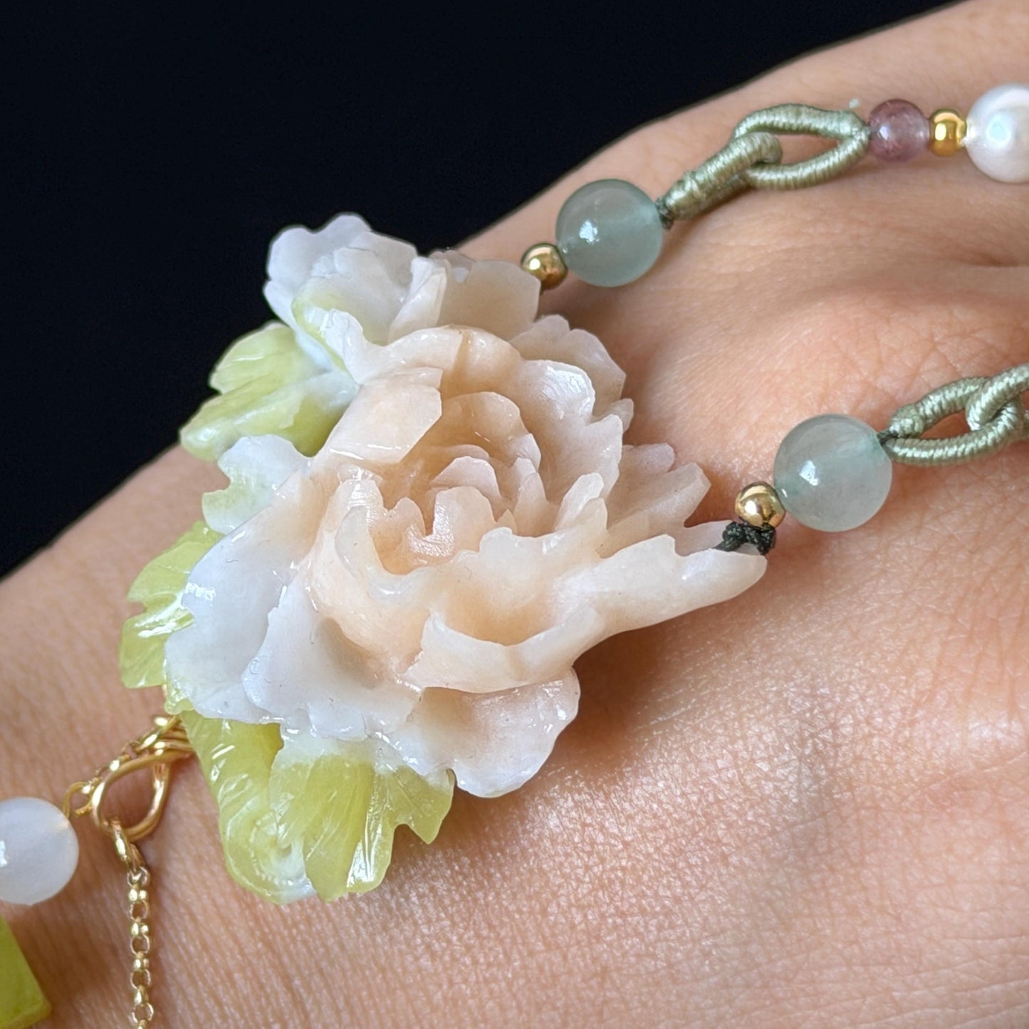 Xiu Jade Serpentine Hand Carved Peony Flower Pendant Adjustable Necklace Choker: Natural Untreated Pink Beign and Green Jade Carving Charm